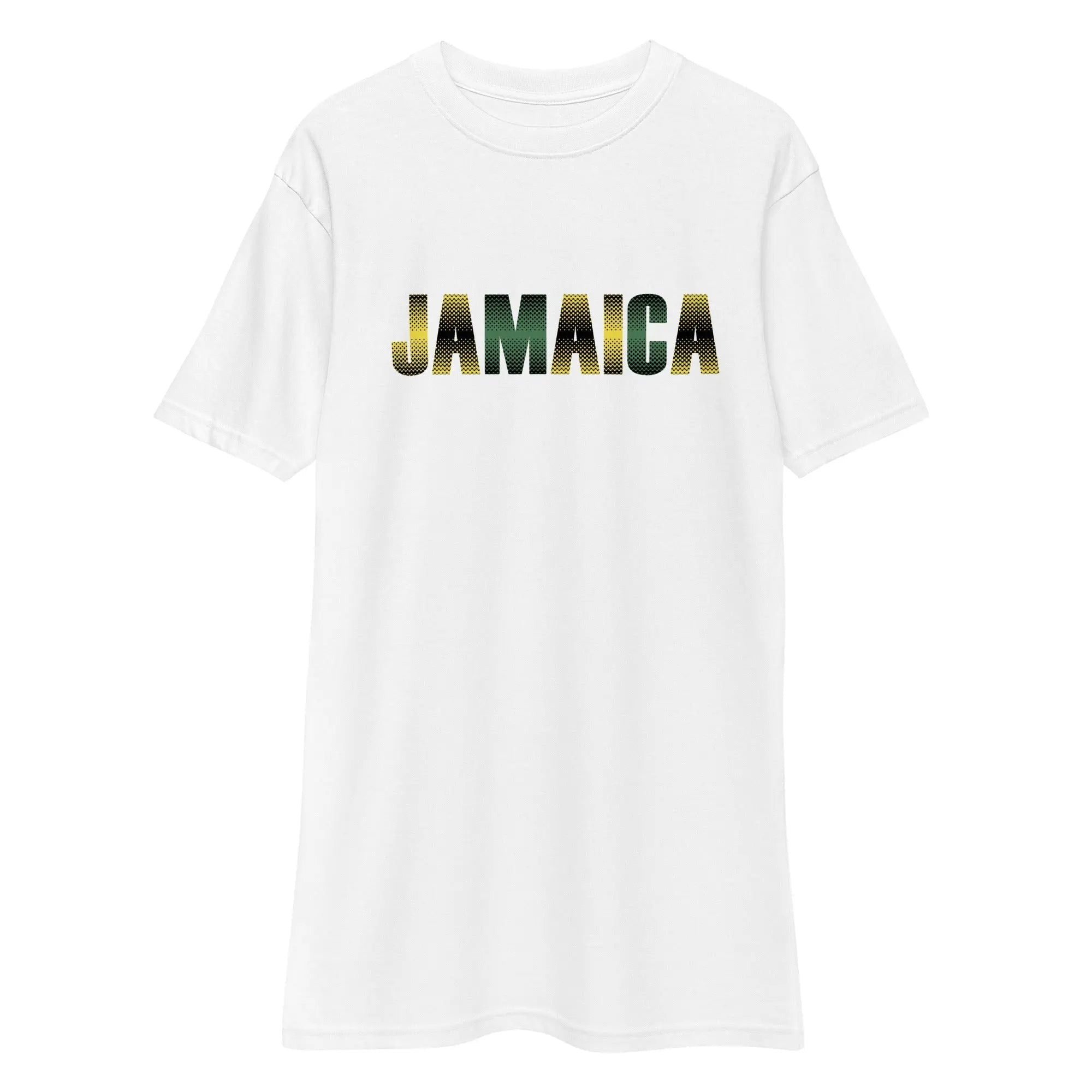 White Jamaica Out Of Many One People men's premium heavyweight cotton tee with bold Jamaica text design