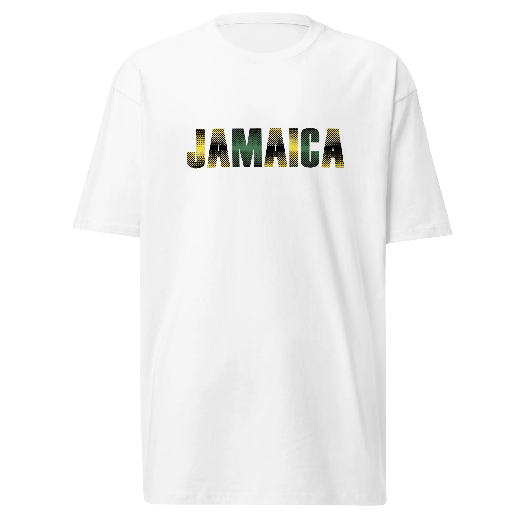 White men's heavyweight tee with Jamaica Out Of Many One People text design