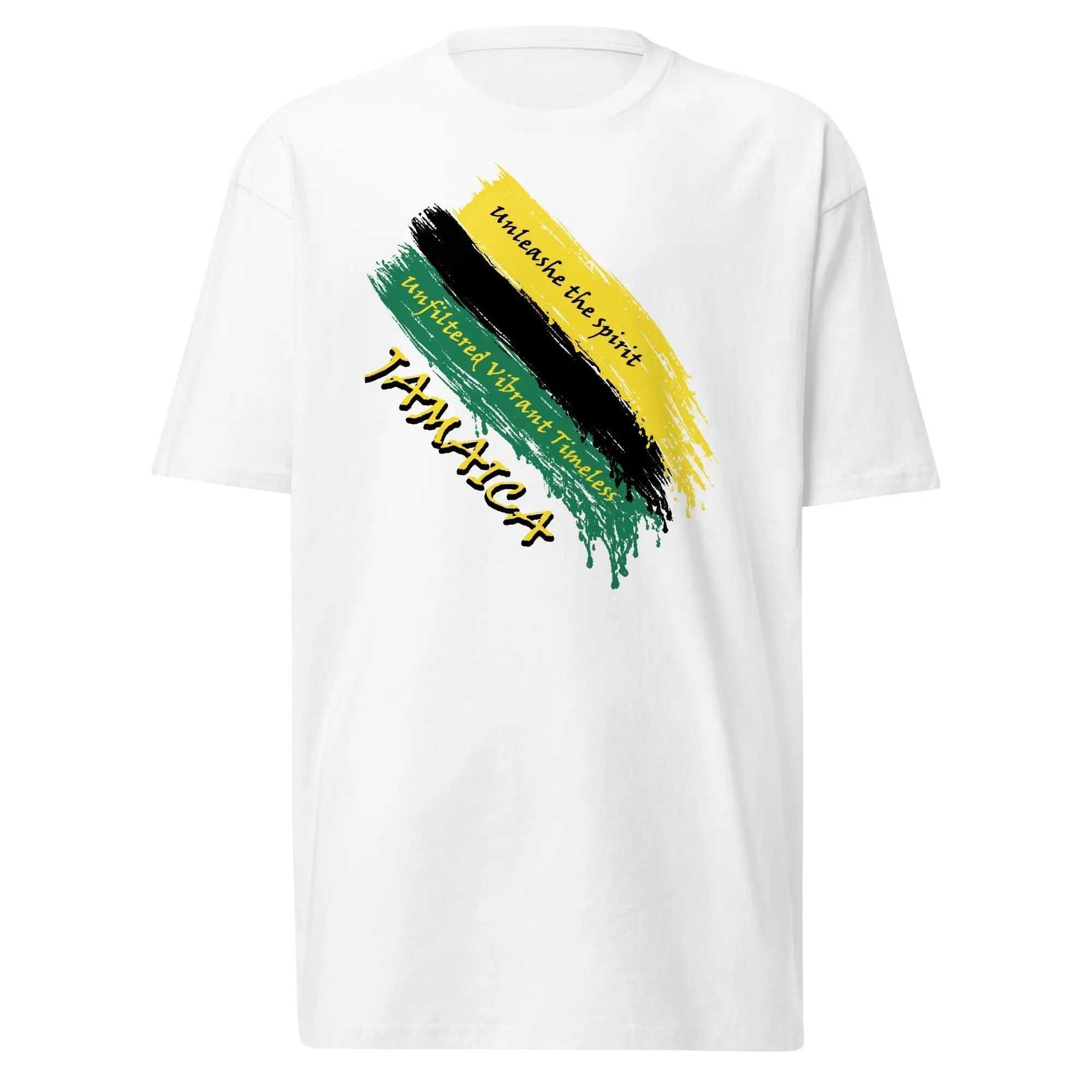 White Raw Unfiltered Jamaica Men’s Premium Heavyweight Tee with brush stroke design in black, green, and gold and motivational text on front