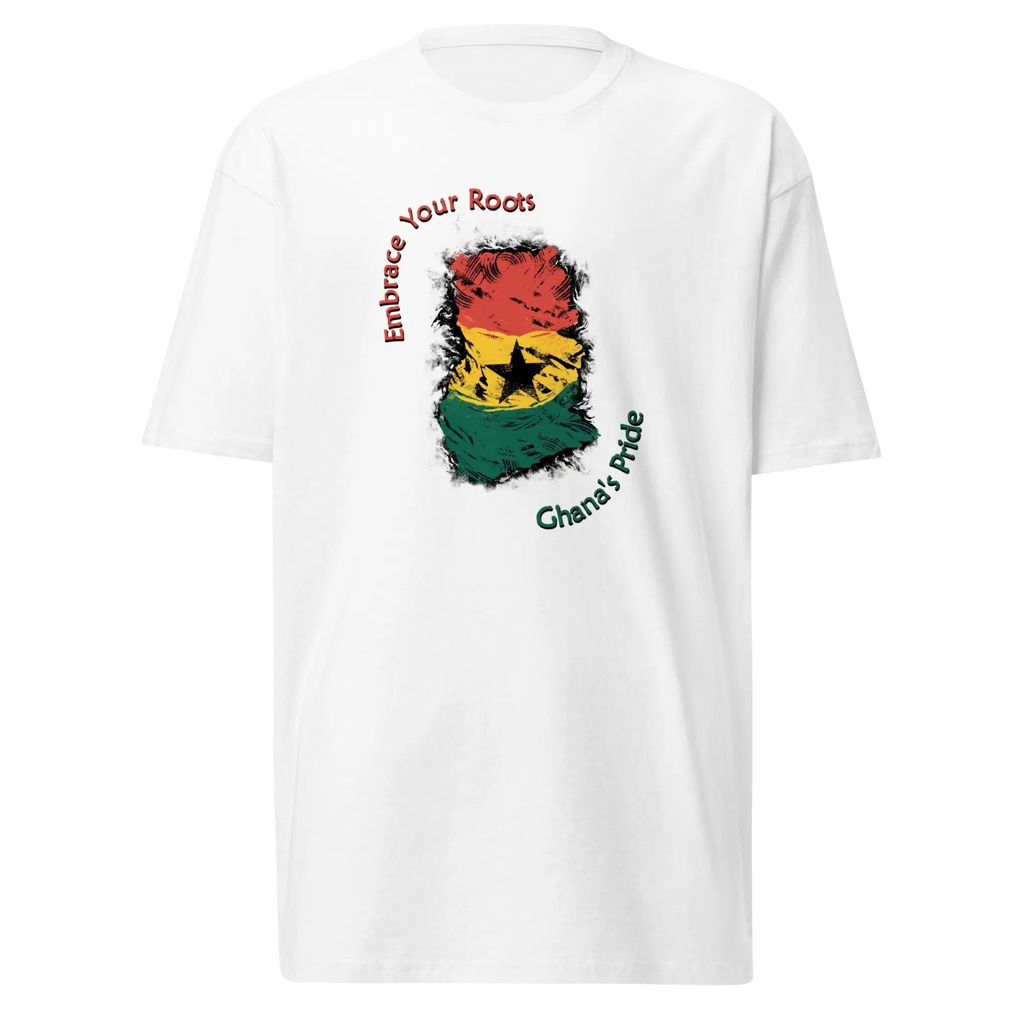 Men's heavyweight white tee with colorful Ghana flag design and "Embrace Your Roots Ghana's Pride" text