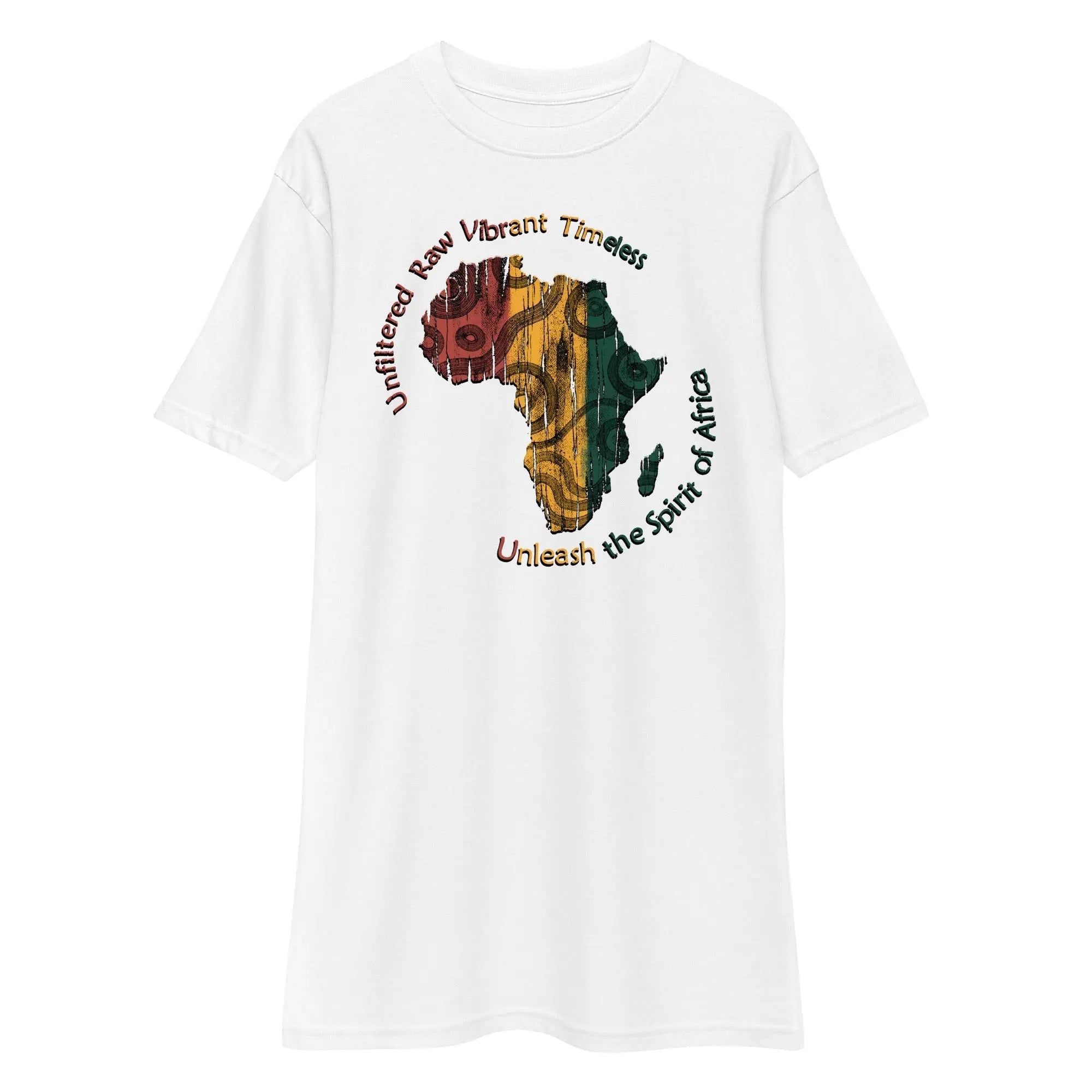 White heavyweight men's tee with colorful Africa map graphic and Spirit Of Africa text design