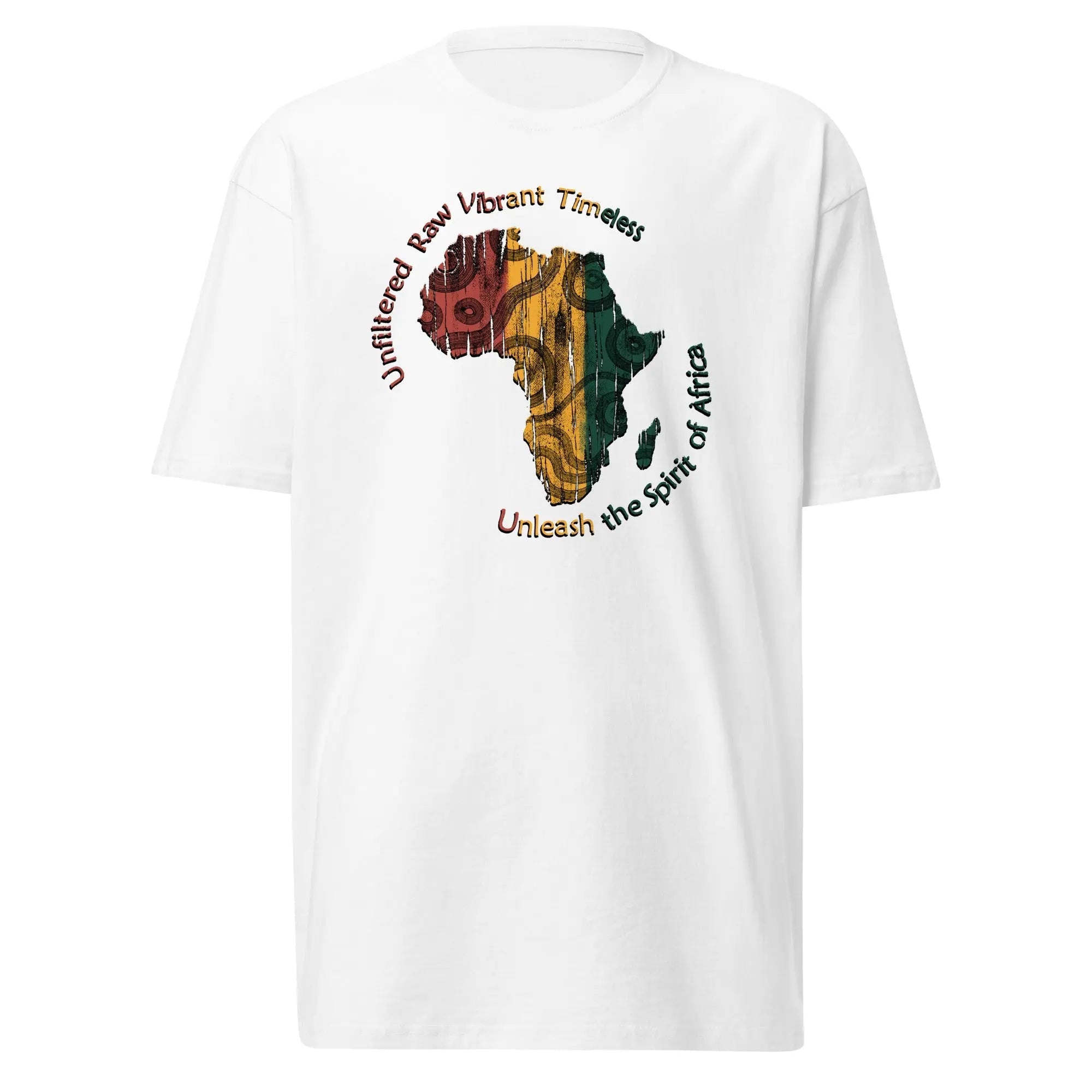 Spirit Of Africa men's heavyweight white tee with colorful Africa map graphic and slogan design