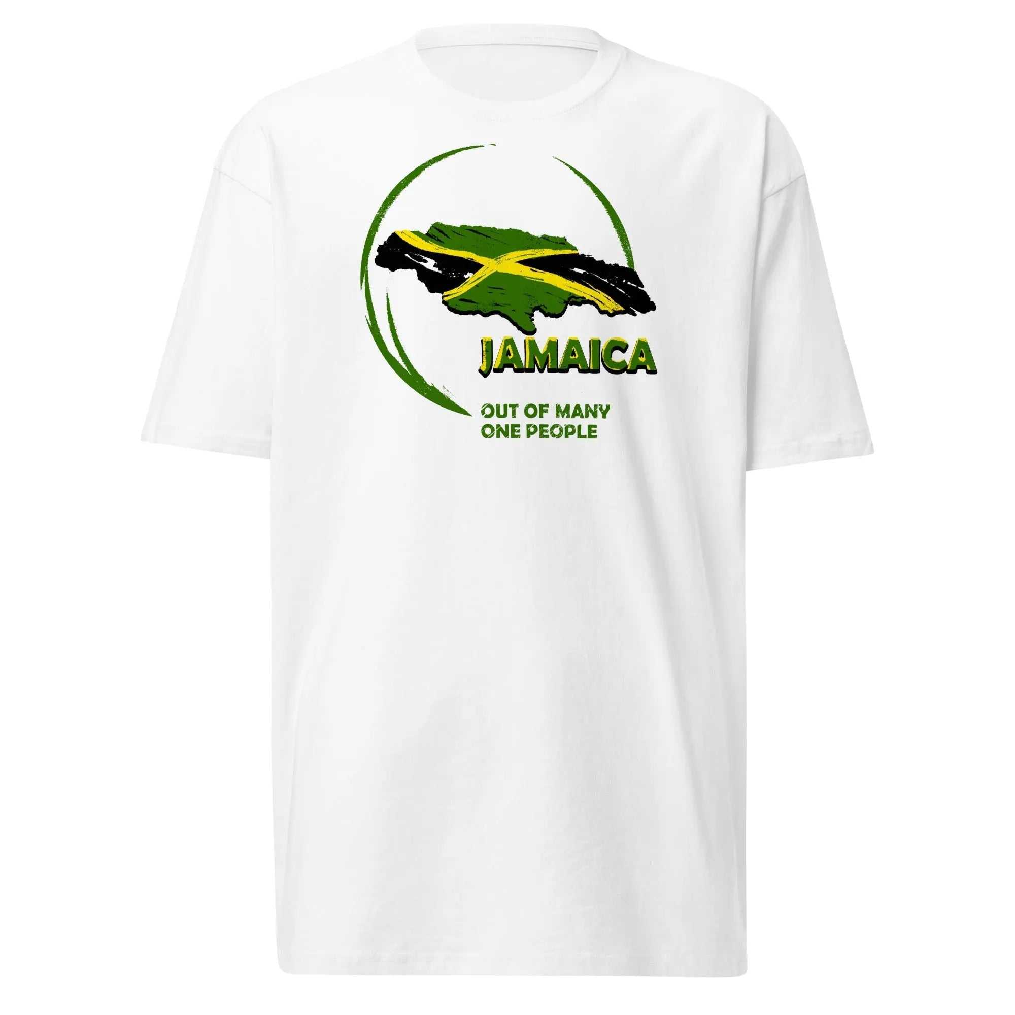 White men's heavyweight tee with Jamaican flag map and "Out of Many One People" slogan design