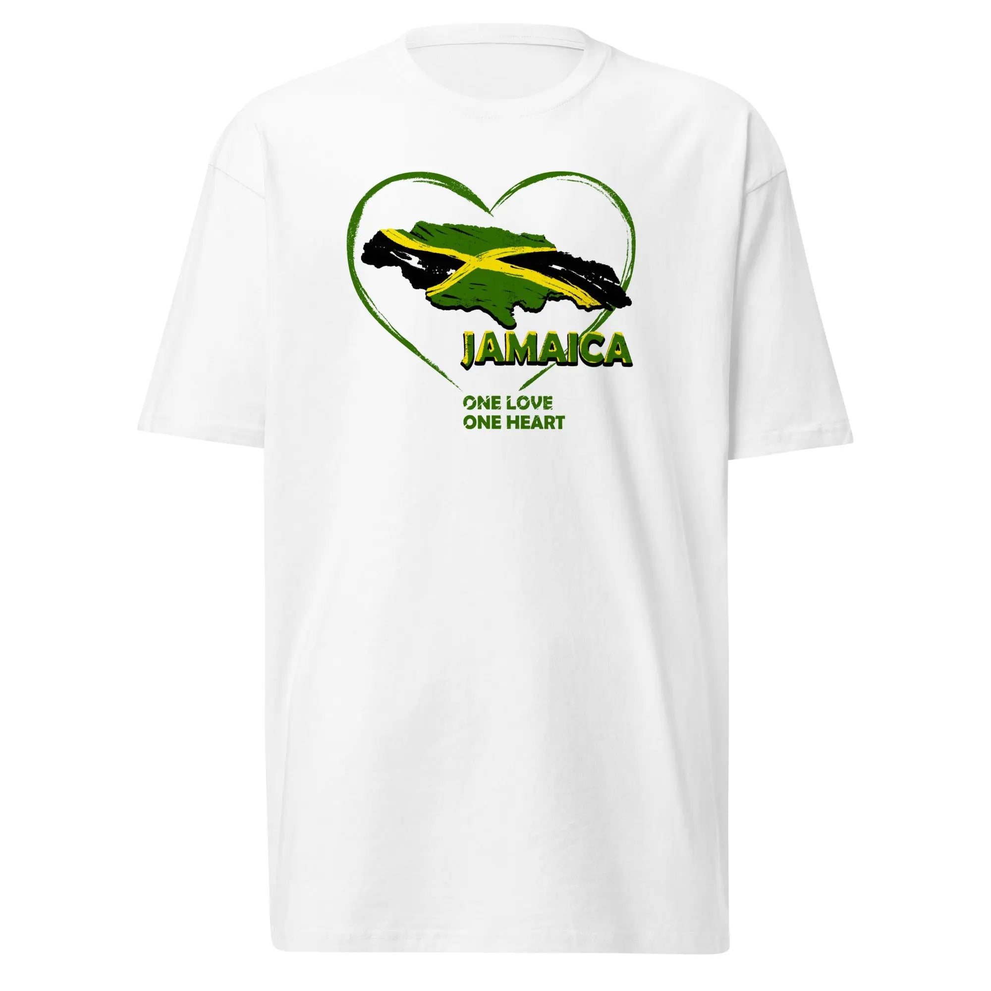 White men's heavyweight t-shirt with Jamaica One Love design featuring a heart and Jamaican flag.