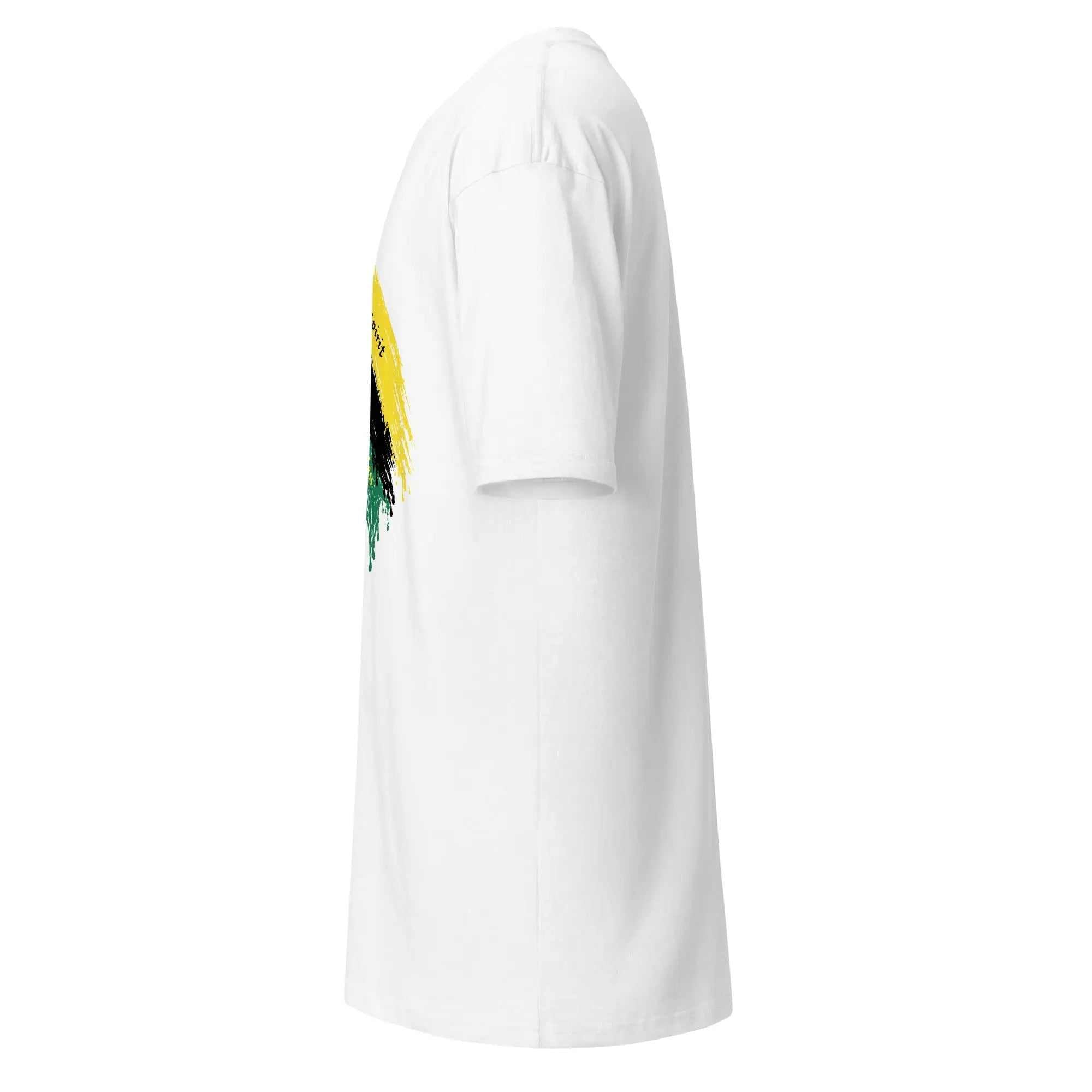 Side view of Raw Unfiltered Jamaica Men’s Premium Heavyweight Tee in white with Jamaican flag brush stroke design
