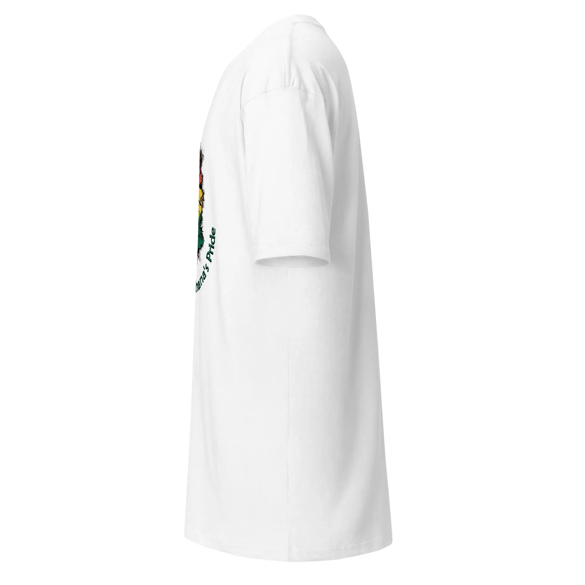 Roots Of Ghana's Pride men's heavyweight white tee side view with Ghana flag colors and pride design