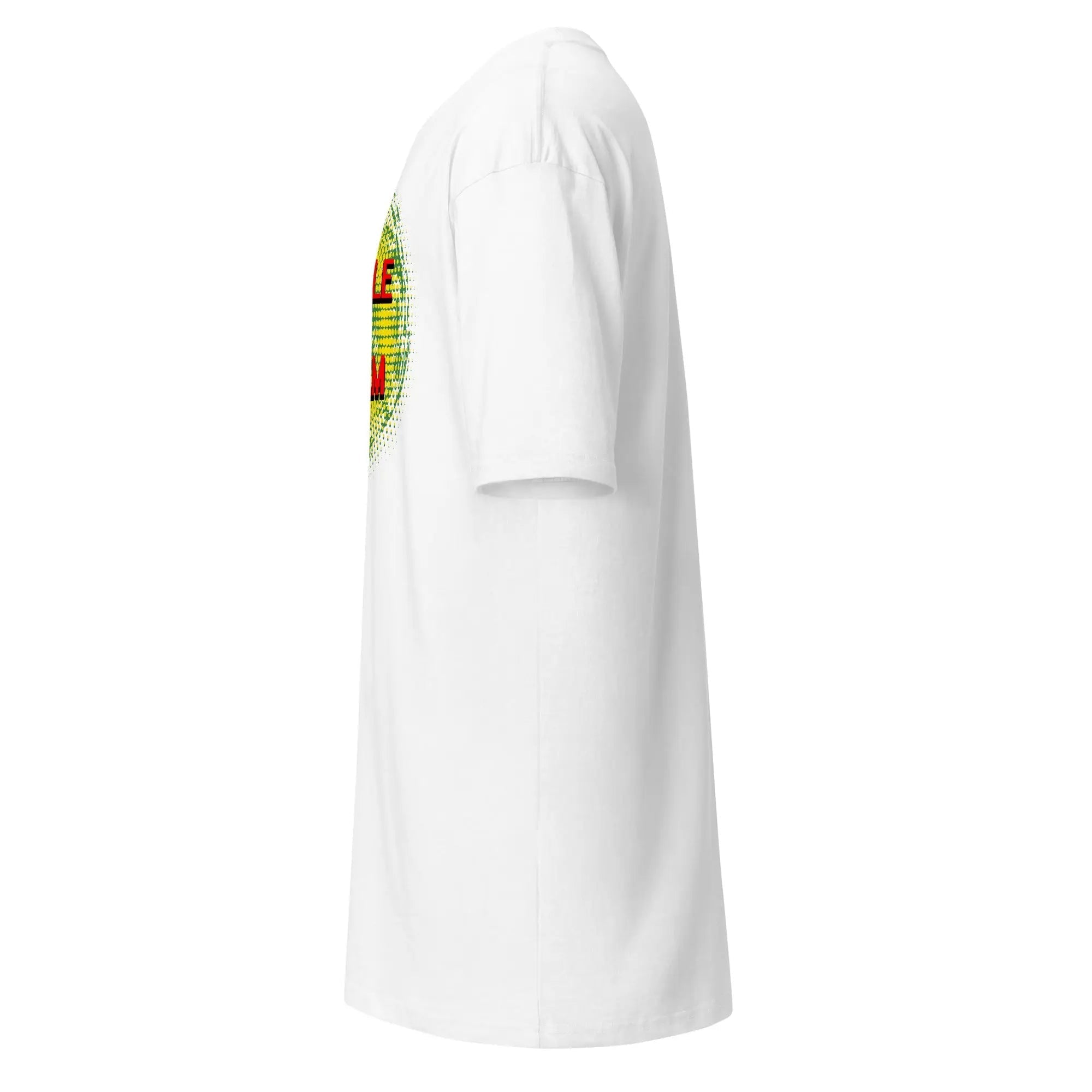 Side view of white Hustle Your Dream men's premium heavyweight cotton t-shirt