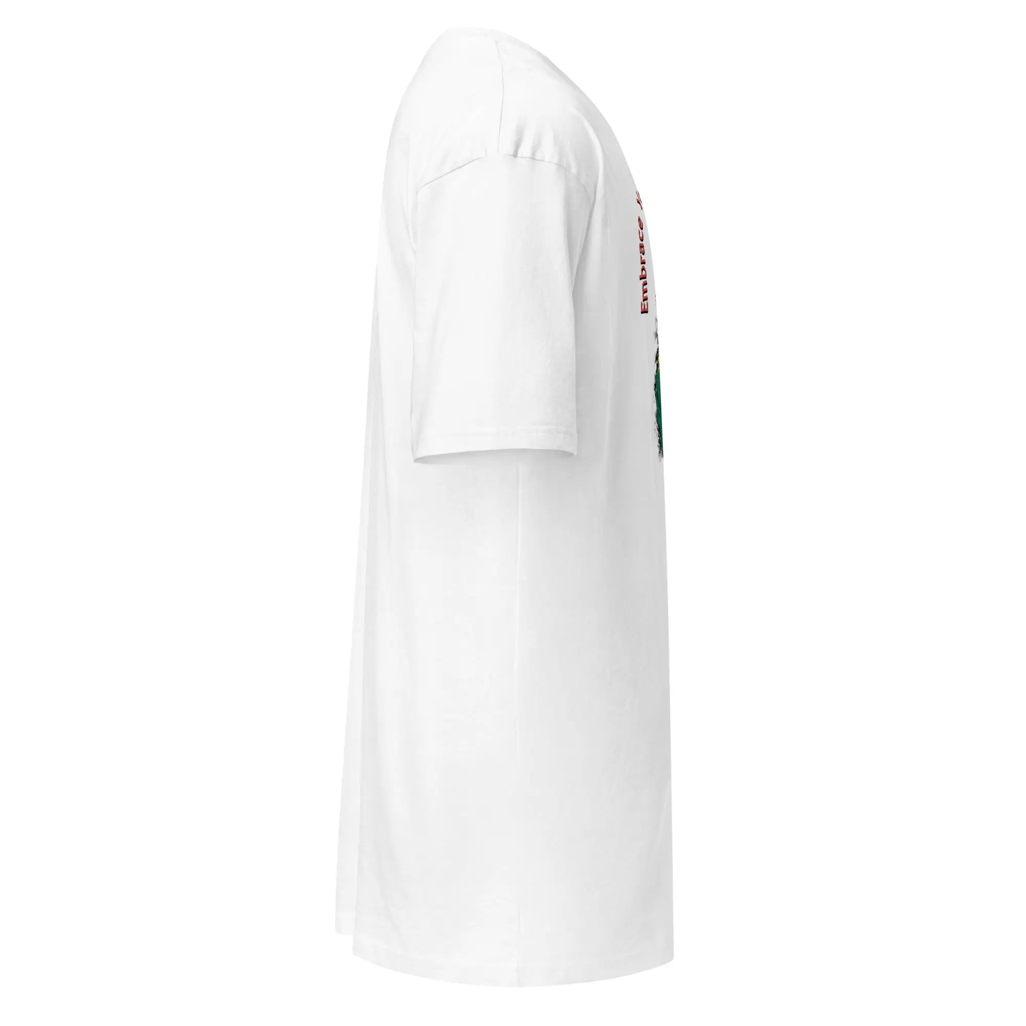 Side view of white Roots Of Ghana's Pride men's premium heavyweight tee with cultural design