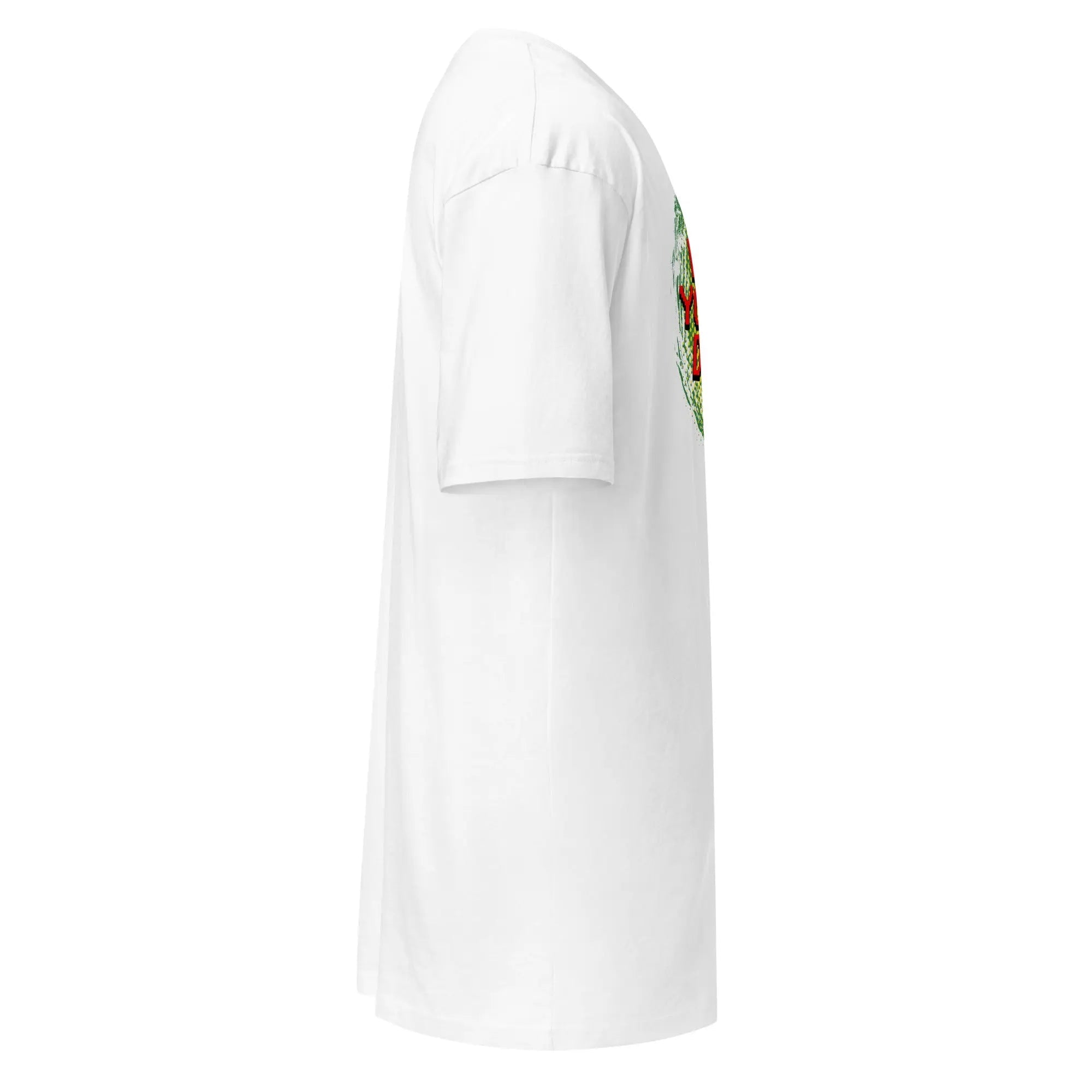 Side view of white Hustle Your Dream men's premium heavyweight cotton tee with graphic design