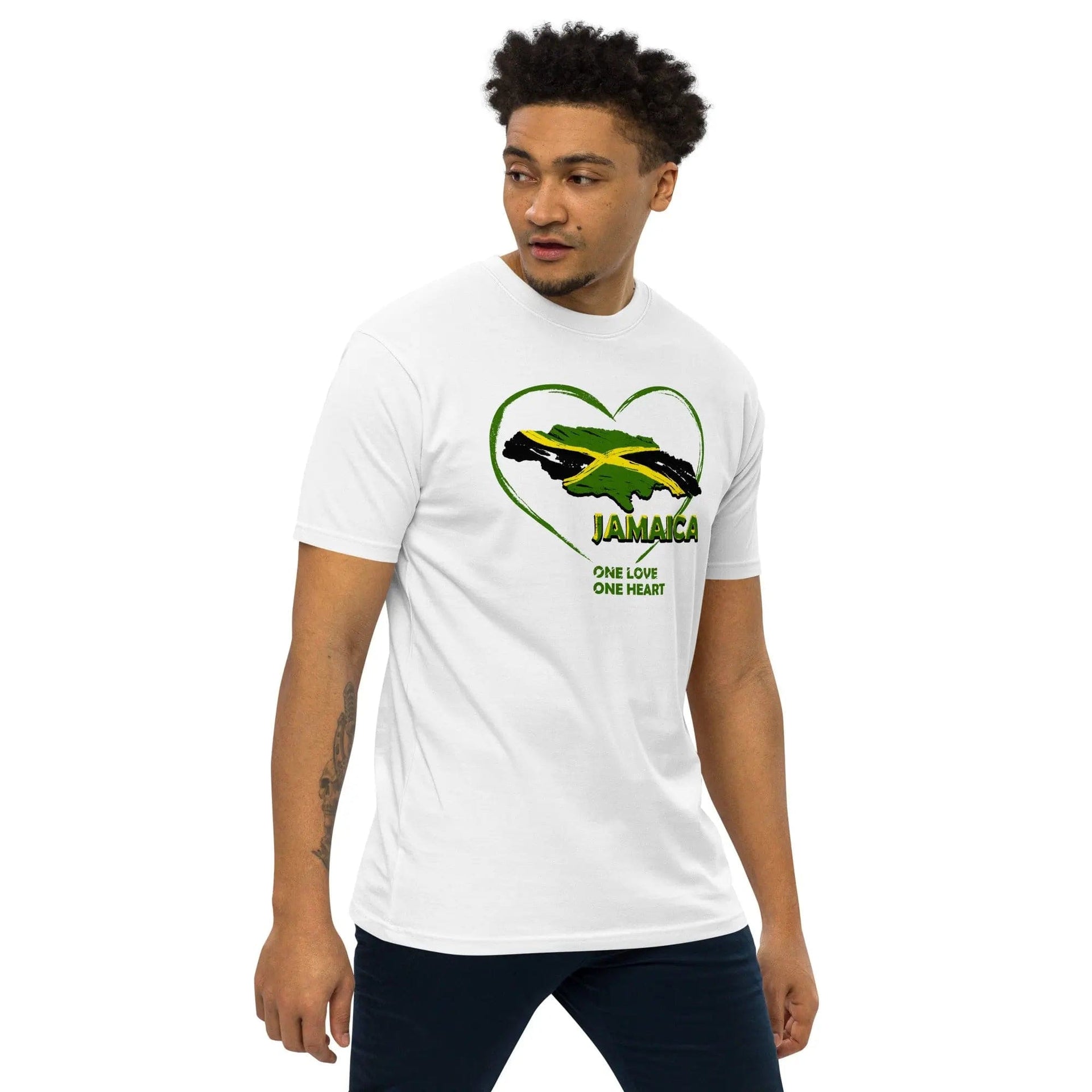 STYLISH3TEES.COM Jamaica One Love One Heart. Men’s Premium Heavyweight Tee