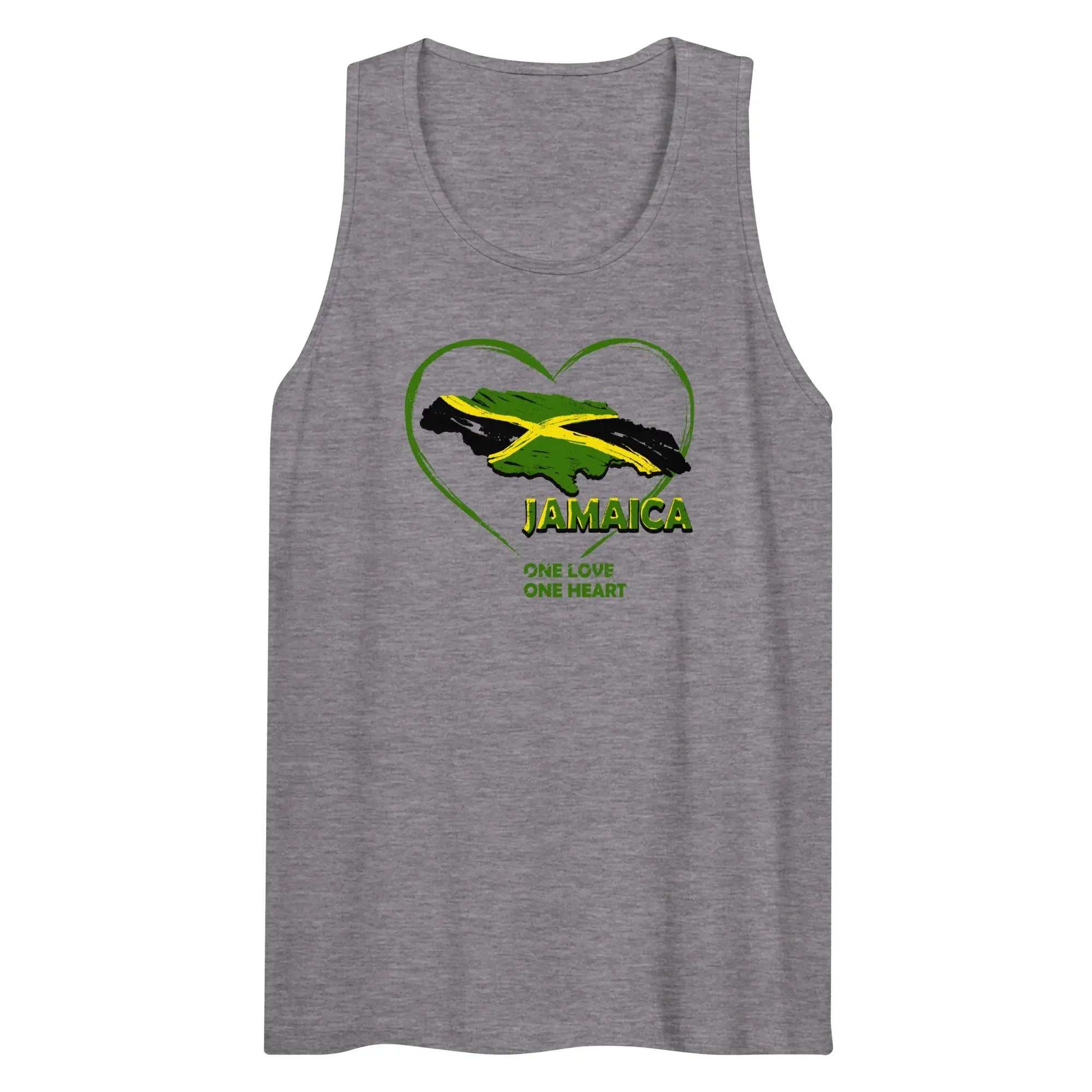 Men’s premium grey tank top with Jamaica map and flag heart design and One Love One Heart text
