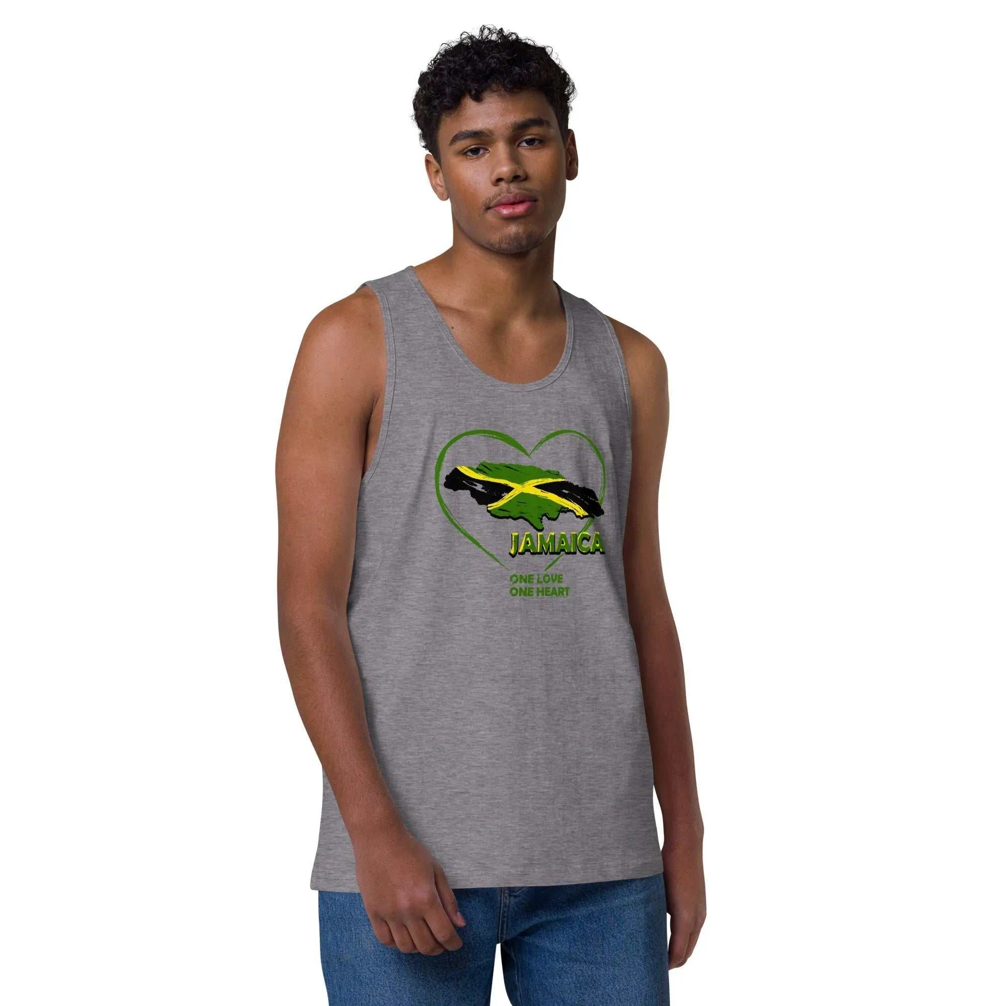 Man wearing grey Jamaica One Love One Heart men's premium tank top with heart-shaped Jamaican flag design