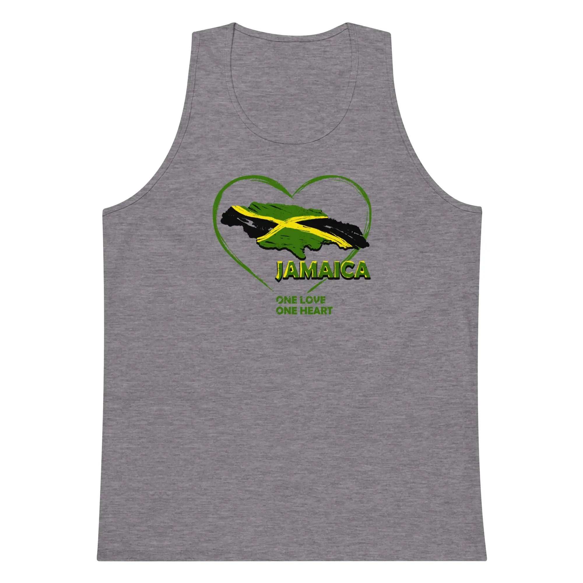 Gray men's tank top with Jamaica One Love One Heart heart-shaped flag design