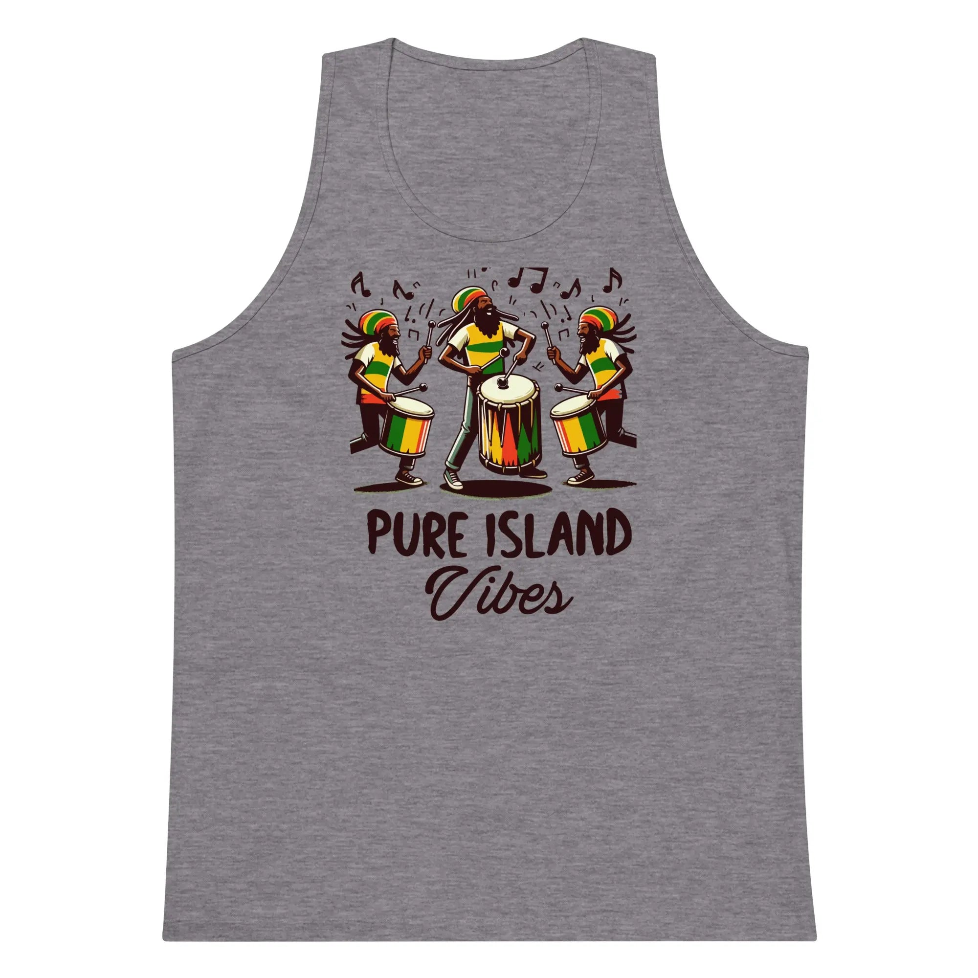 Grey men's tank top with vibrant Rastafarian drummers and "Pure Island Vibes" text design