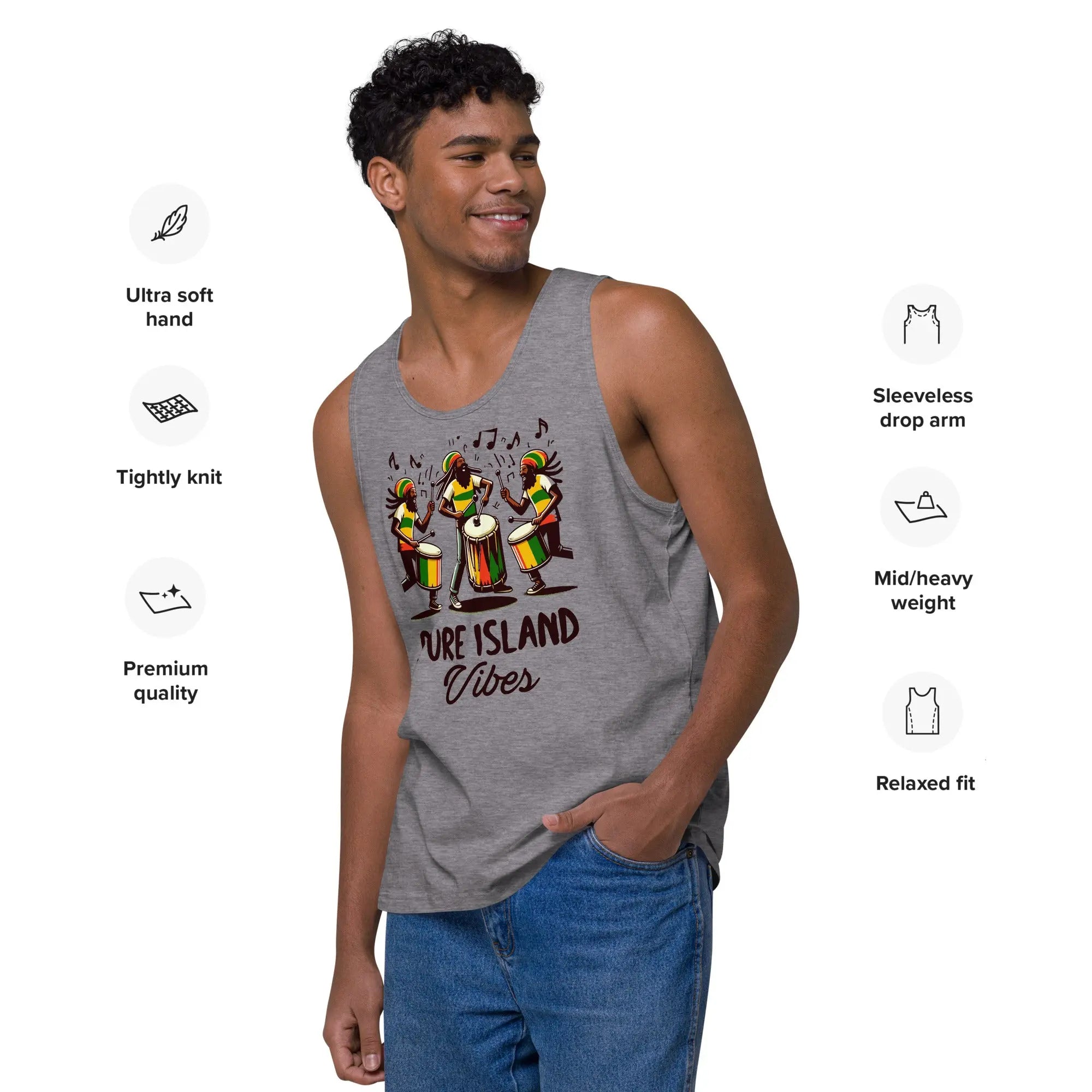 Men wearing gray Pure Island Vibes tank top with colorful Rastafarian drummers design, casual fit and soft fabric.