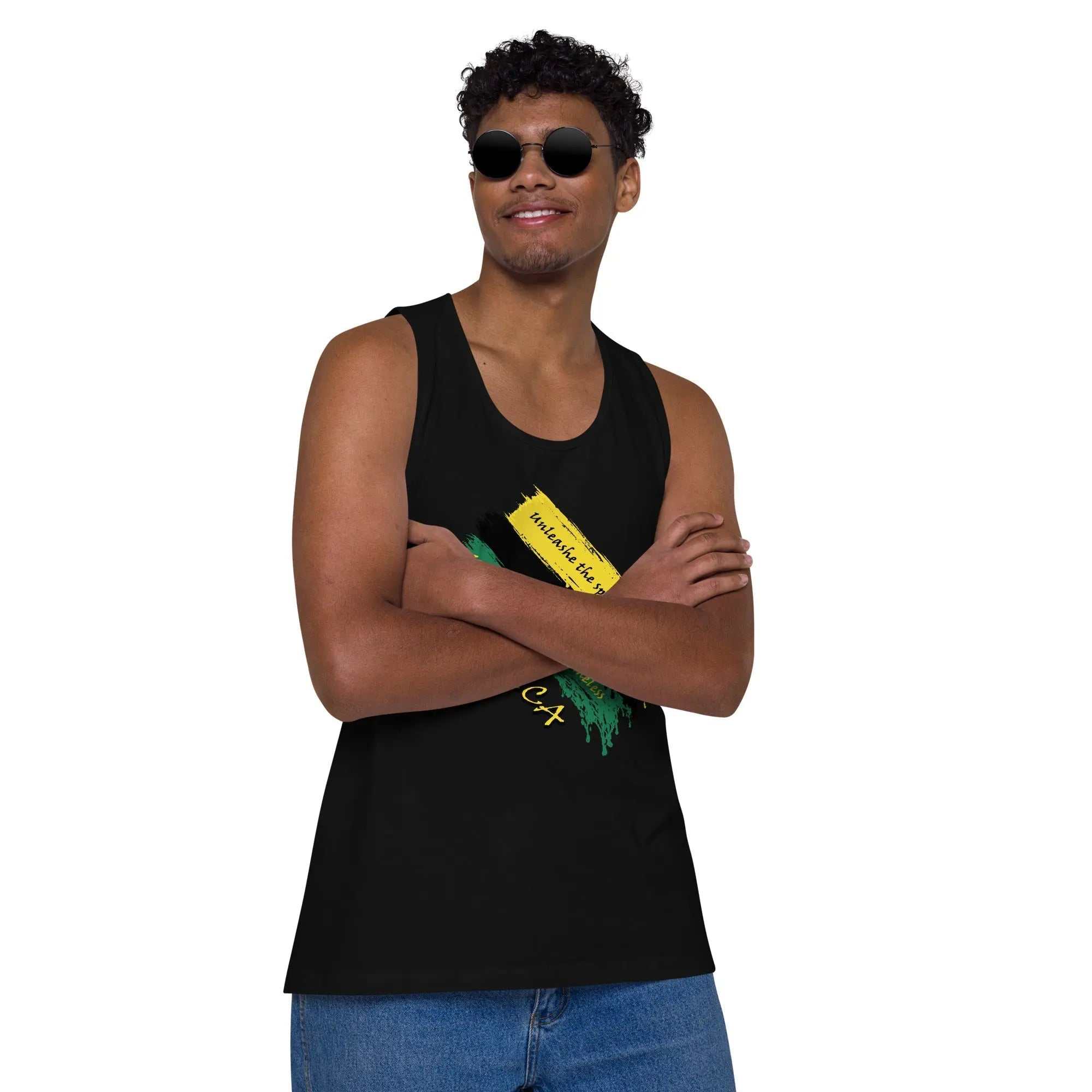 Raw Unfiltered Jamaica Men’s Tank Top with black, green, and gold brushstroke design worn by man with sunglasses