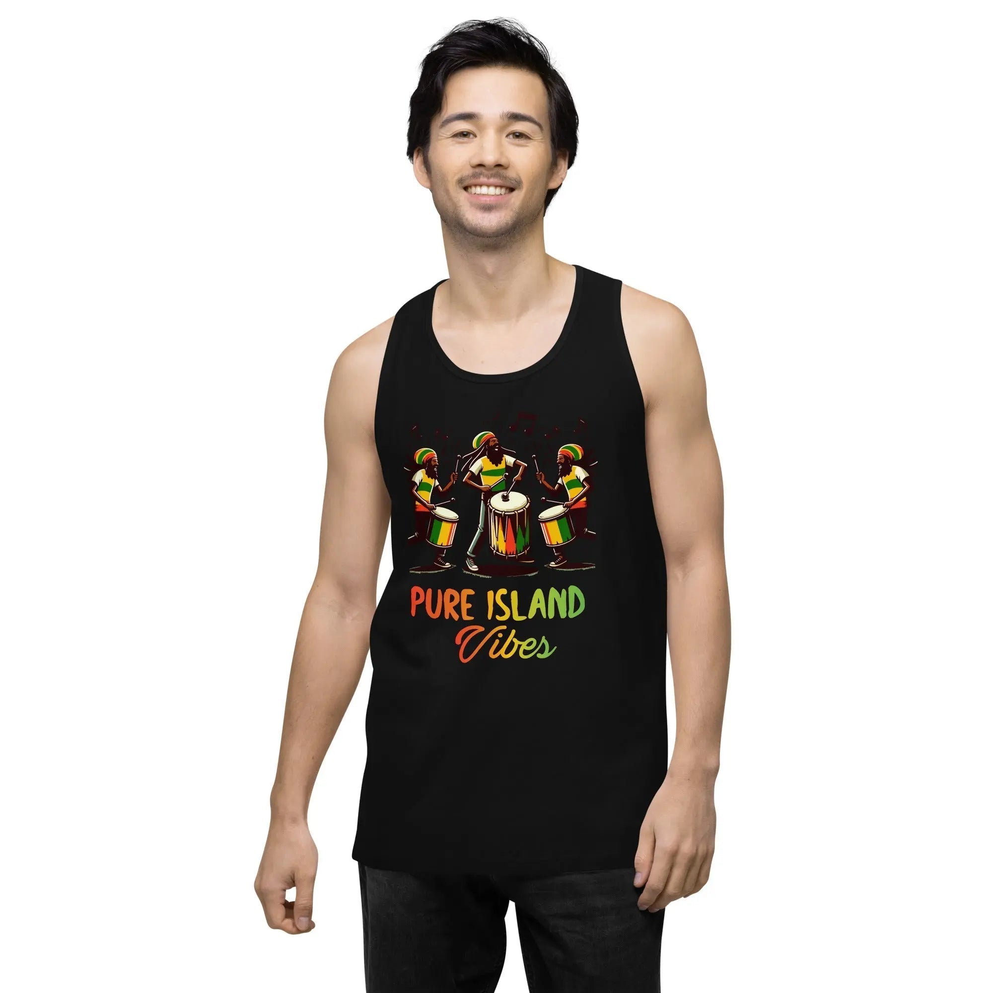 Men's Pure Island Vibes black tank top with colorful Rastafarian drummers design