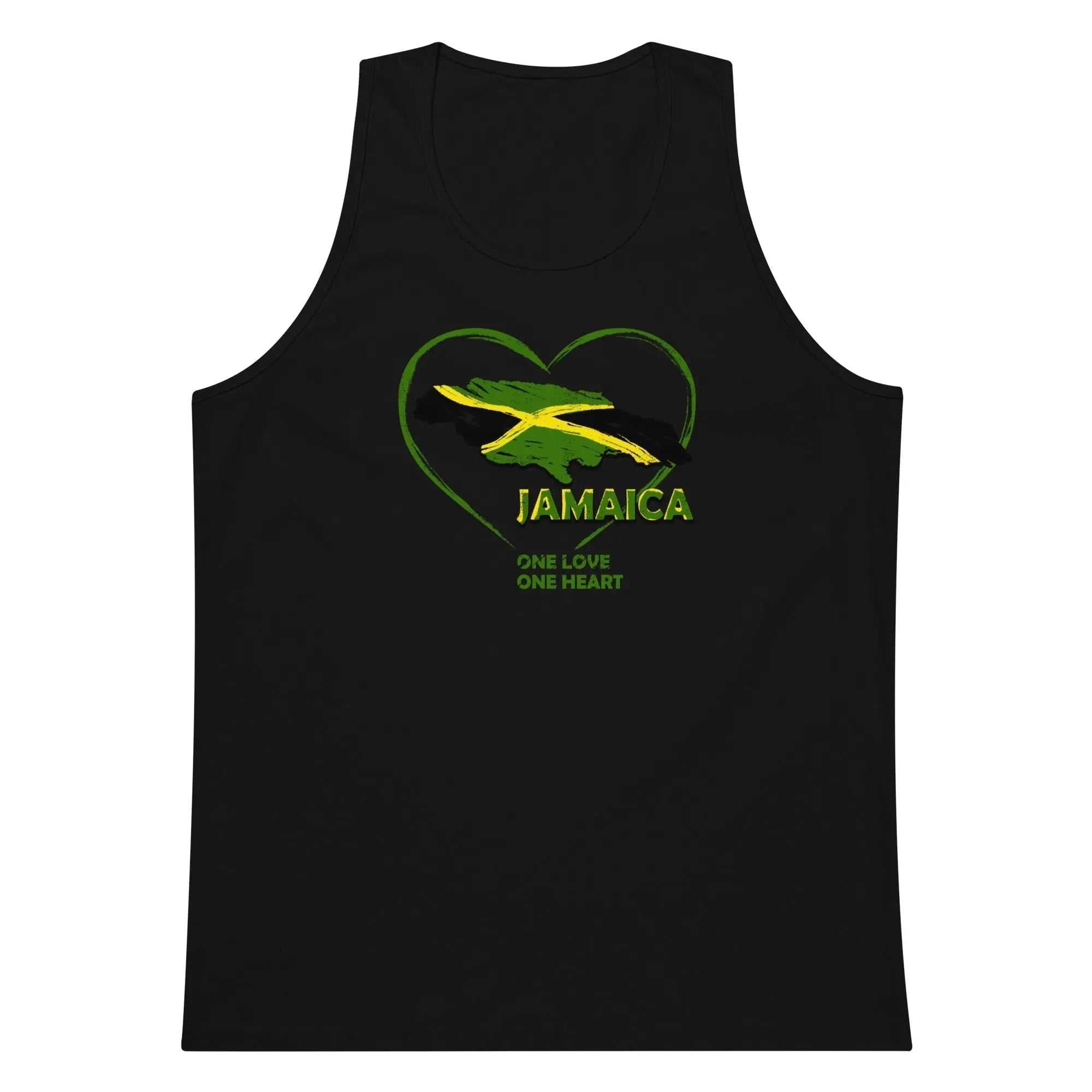 Black men's premium tank top with Jamaica flag heart design and "One Love One Heart" slogan