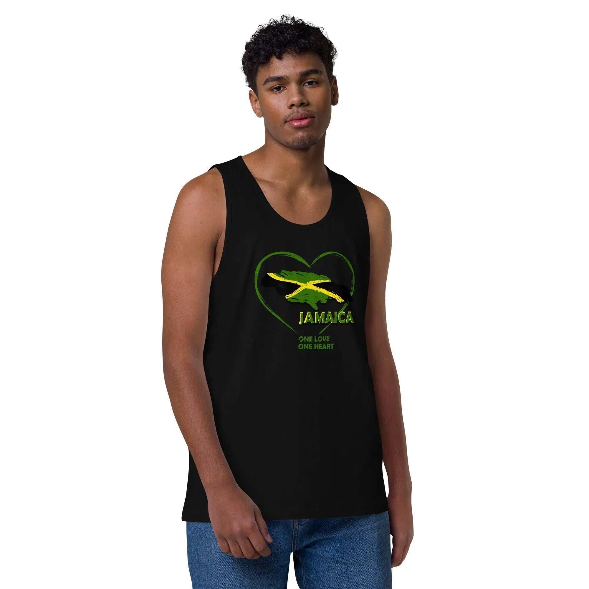 Men wearing black Jamaica One Love One Heart premium tank top with heart-shaped Jamaican flag design