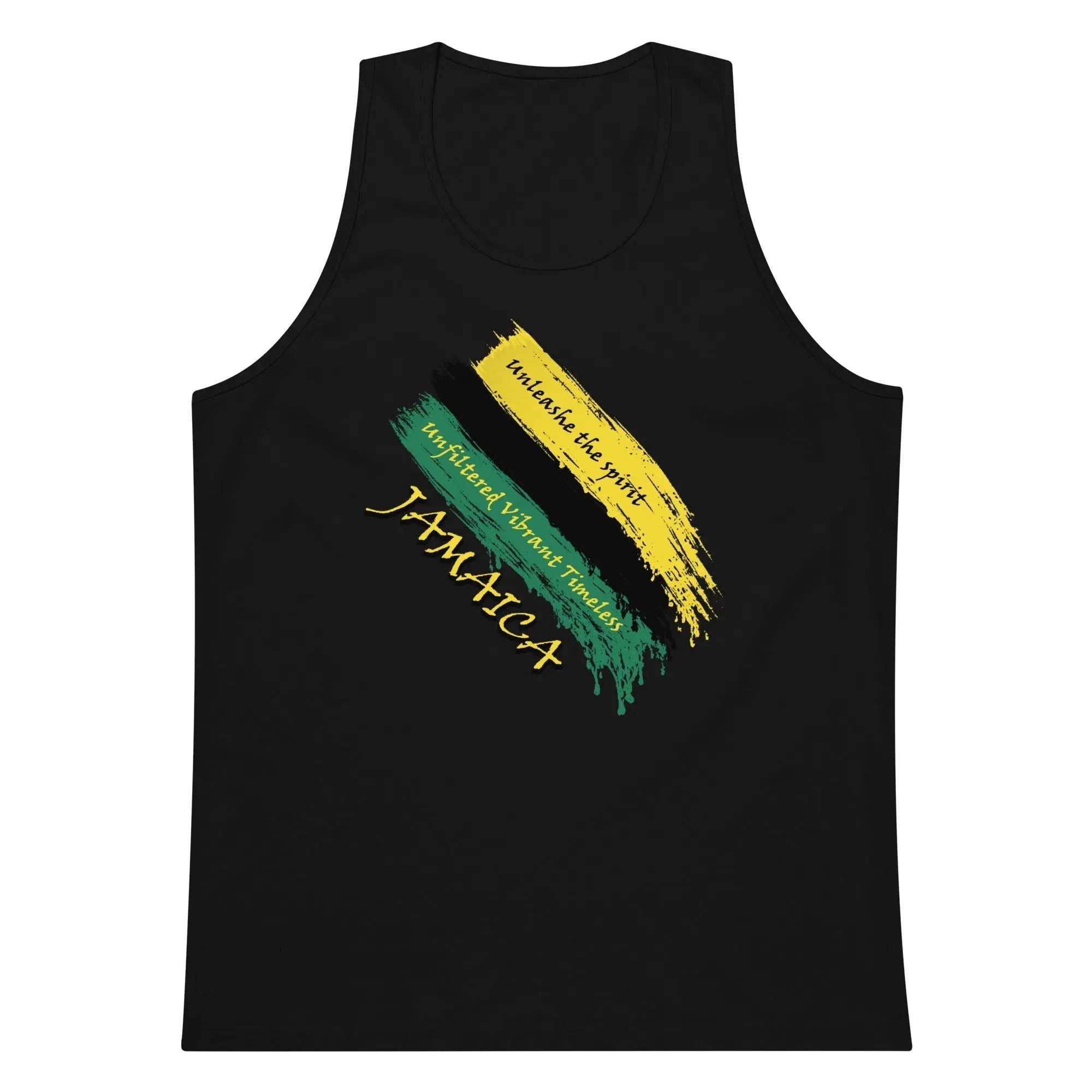 Black Raw Unfiltered Jamaica men’s tank top with yellow, black, and green brushstroke design and inspirational text