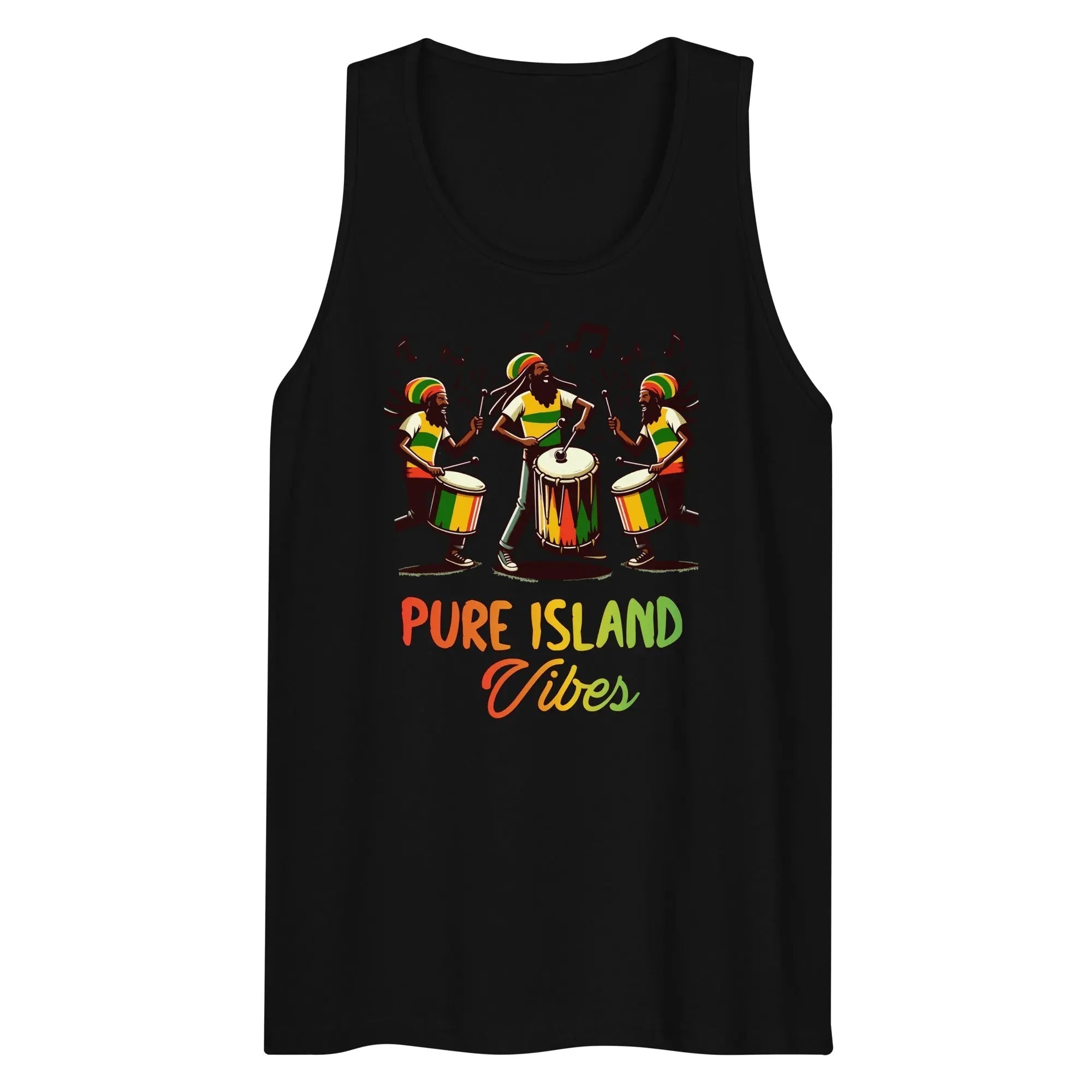 Black men's tank top with colorful Rastafarian drummers and "Pure Island Vibes" text in orange, green, and yellow