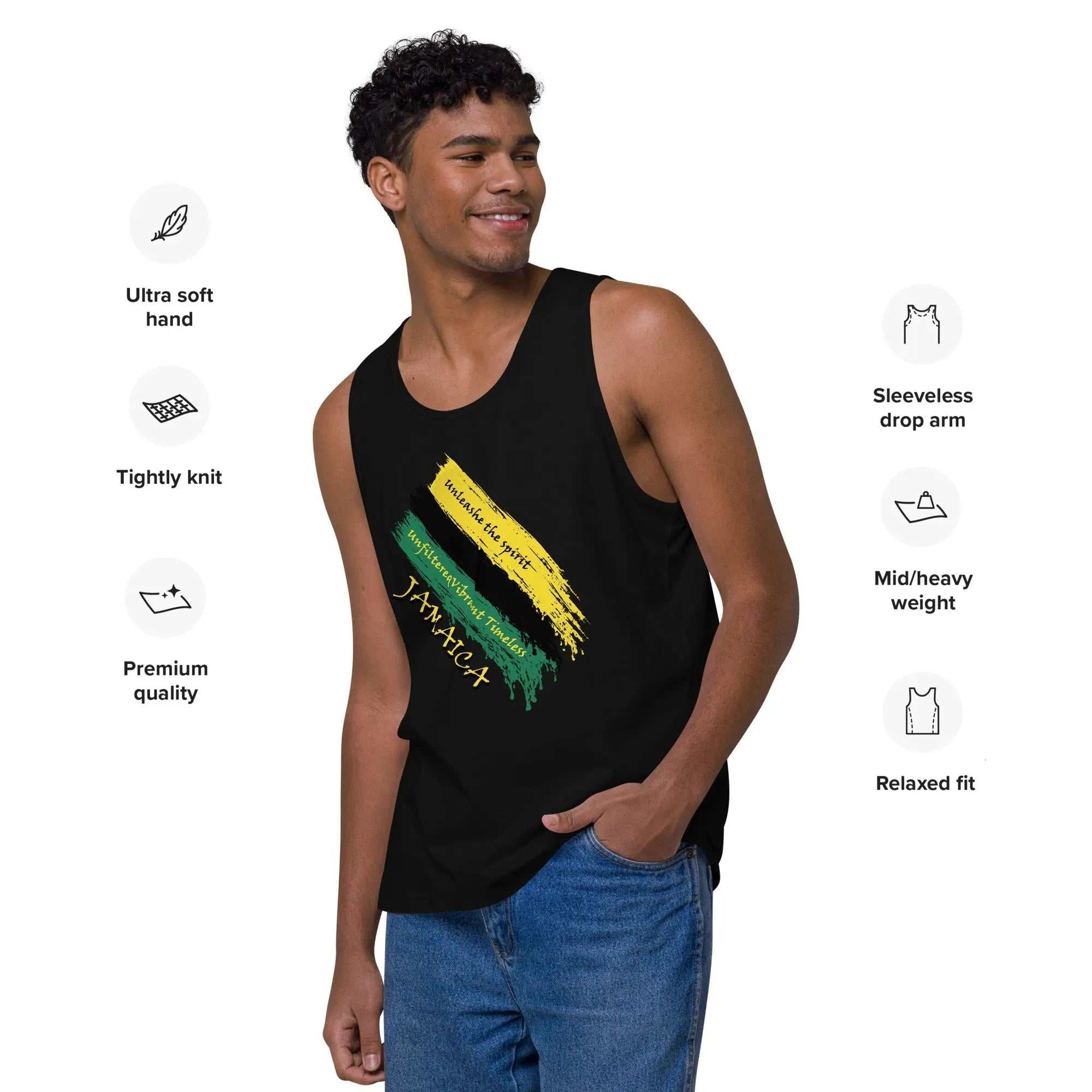 Man wearing Raw Unfiltered Jamaica Men’s Tank Top with black, green, and gold brushstroke design and relaxed fit