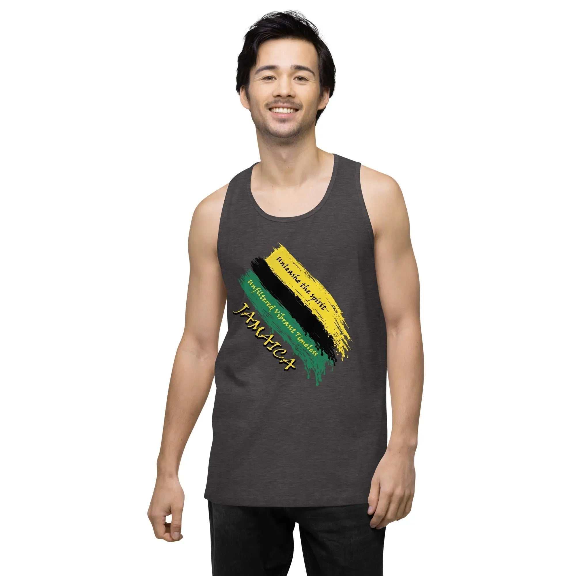 Raw Unfiltered Jamaica men’s tank top with black, green, and gold brushstroke design and "Unbreakable Spirit" text, sleeveless charcoal heather fabric.