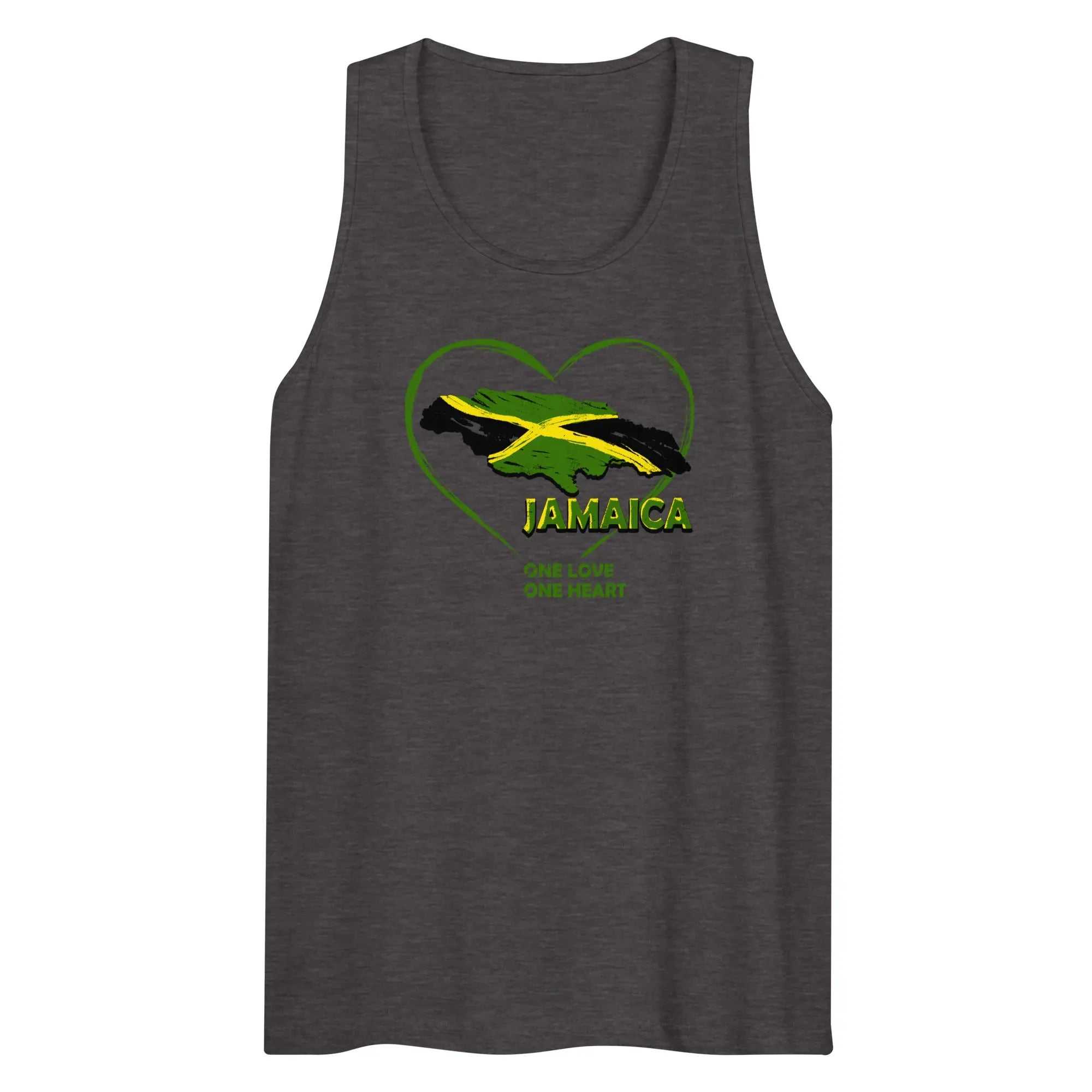 Jamaica One Love One Heart men's premium charcoal tank top with heart-shaped Jamaican flag design