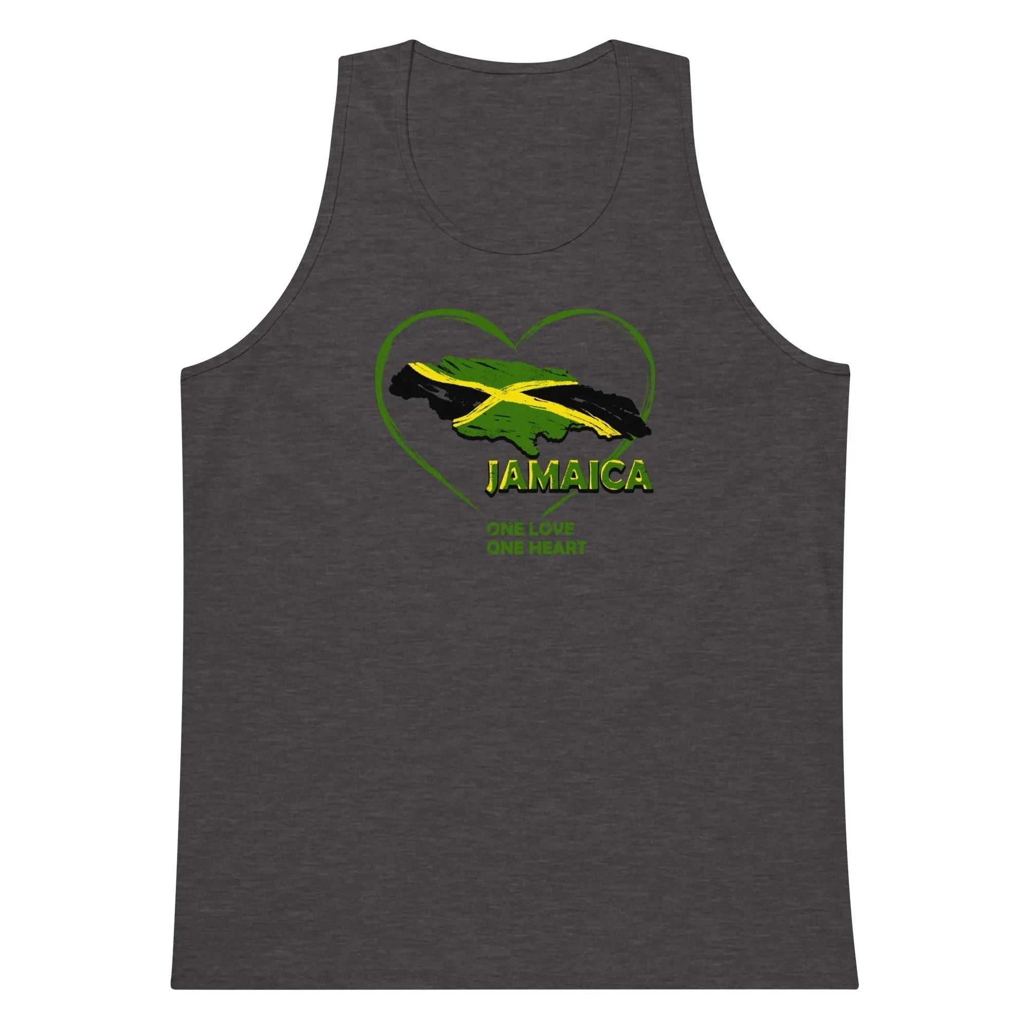 Men's premium tank top with Jamaica One Love One Heart heart-shaped flag design on charcoal heather fabric