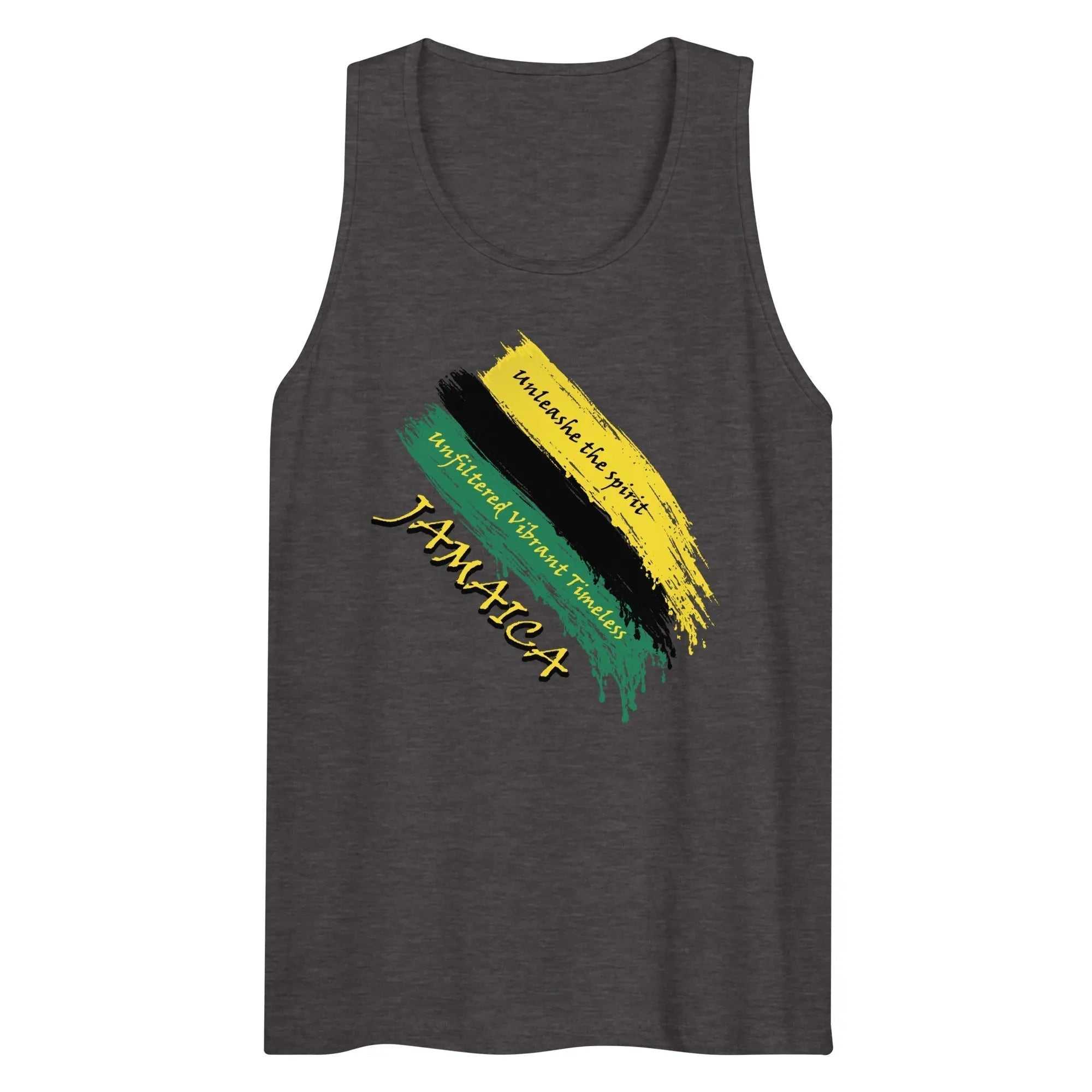 Raw Unfiltered Jamaica men’s premium charcoal tank top with Jamaican flag brushstroke design and inspirational text
