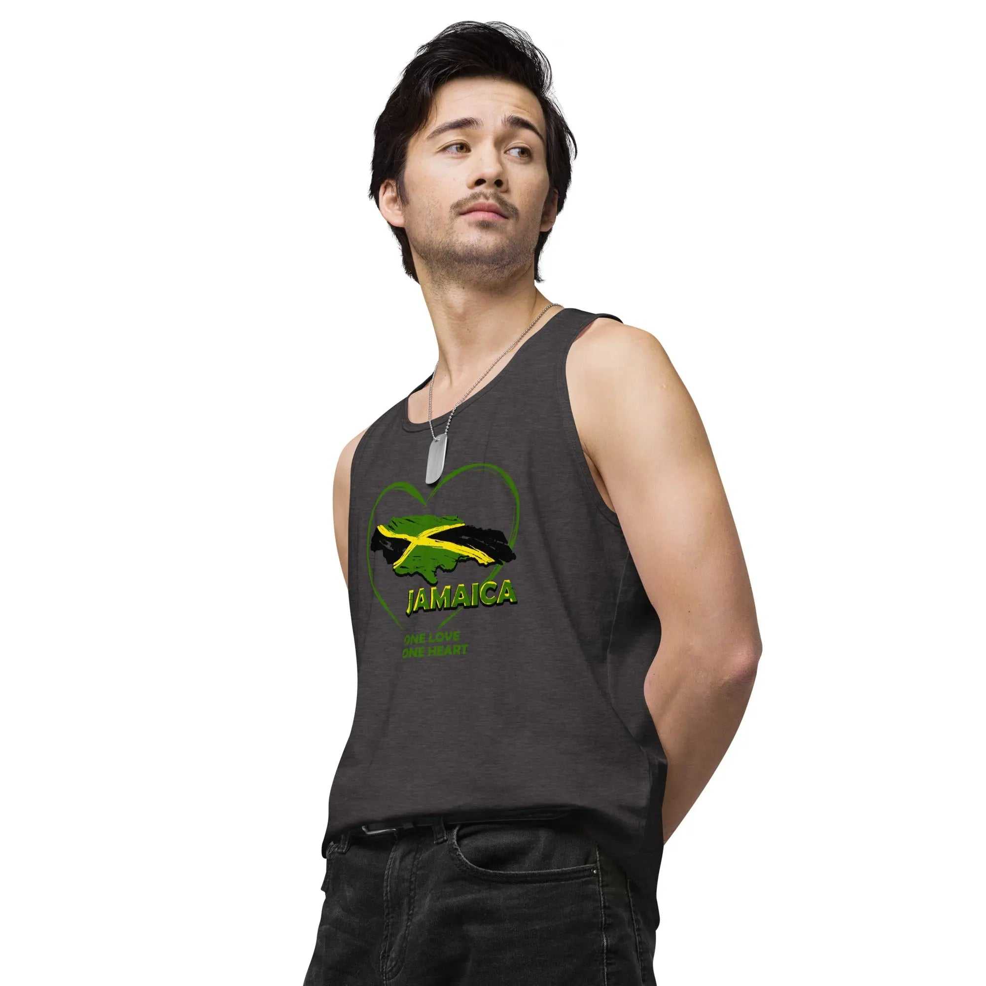 Jamaica One Love One Heart men's premium tank top with heart-shaped Jamaican flag design in charcoal heather color