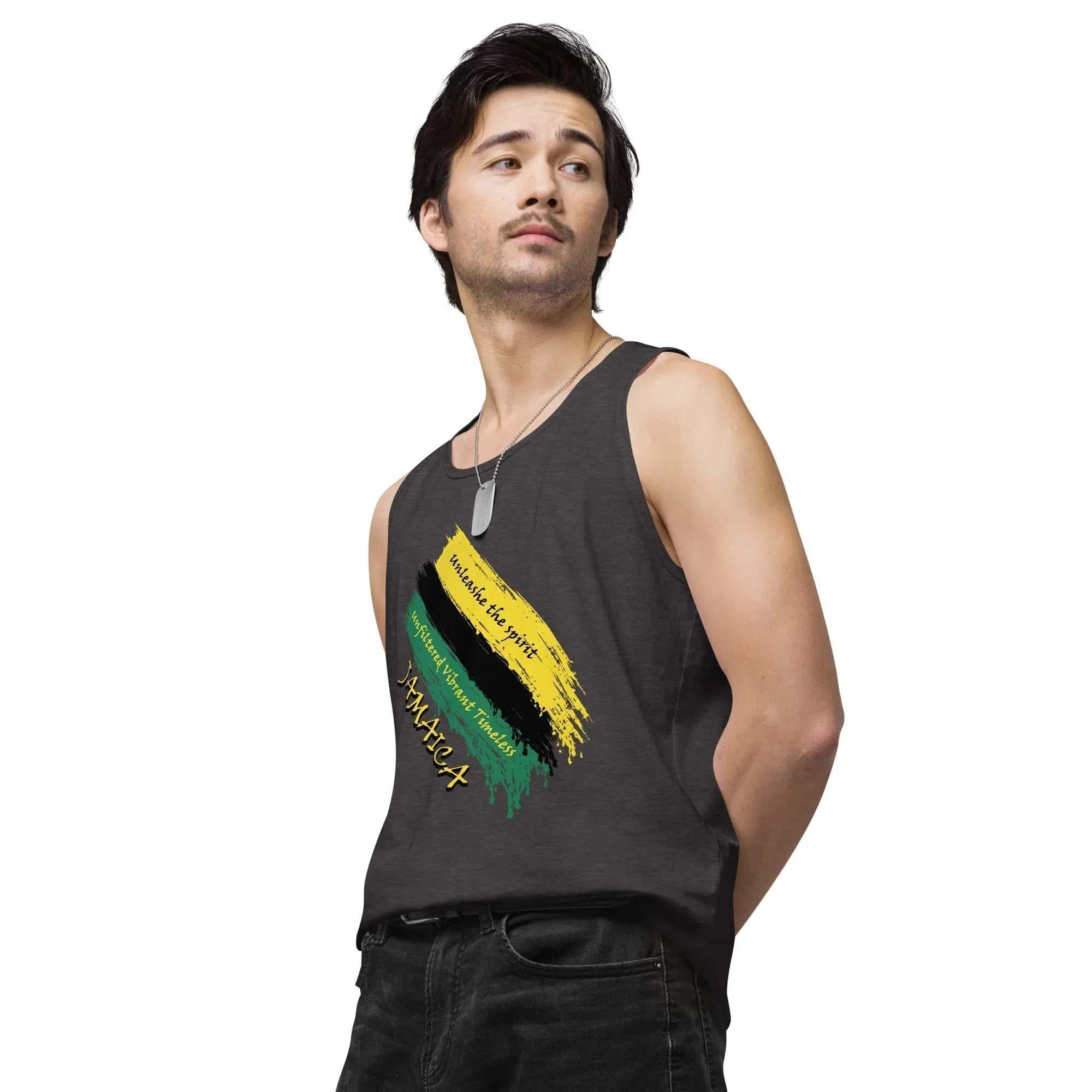 Raw Unfiltered Jamaica men’s tank top with black, green, and gold brushstroke design and "Unbreakable Spirit" text, sleeveless charcoal heather fit