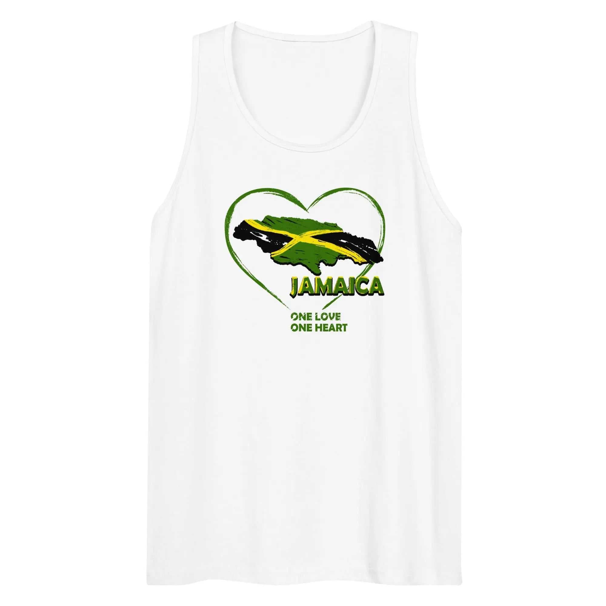 White men's tank top with Jamaica One Love One Heart heart-shaped flag design