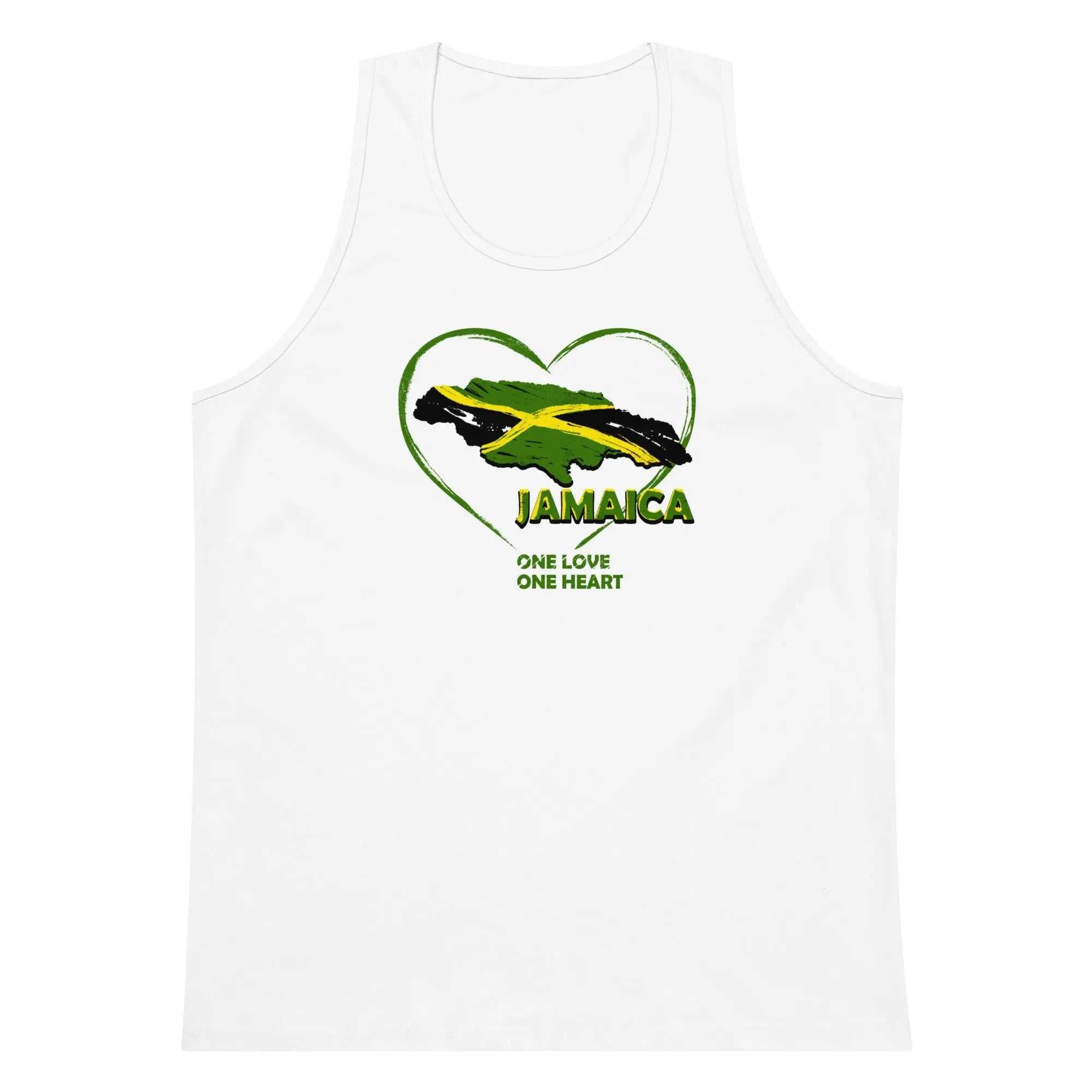 White men's tank top with a heart-shaped Jamaican flag and "Jamaica One Love One Heart" text design