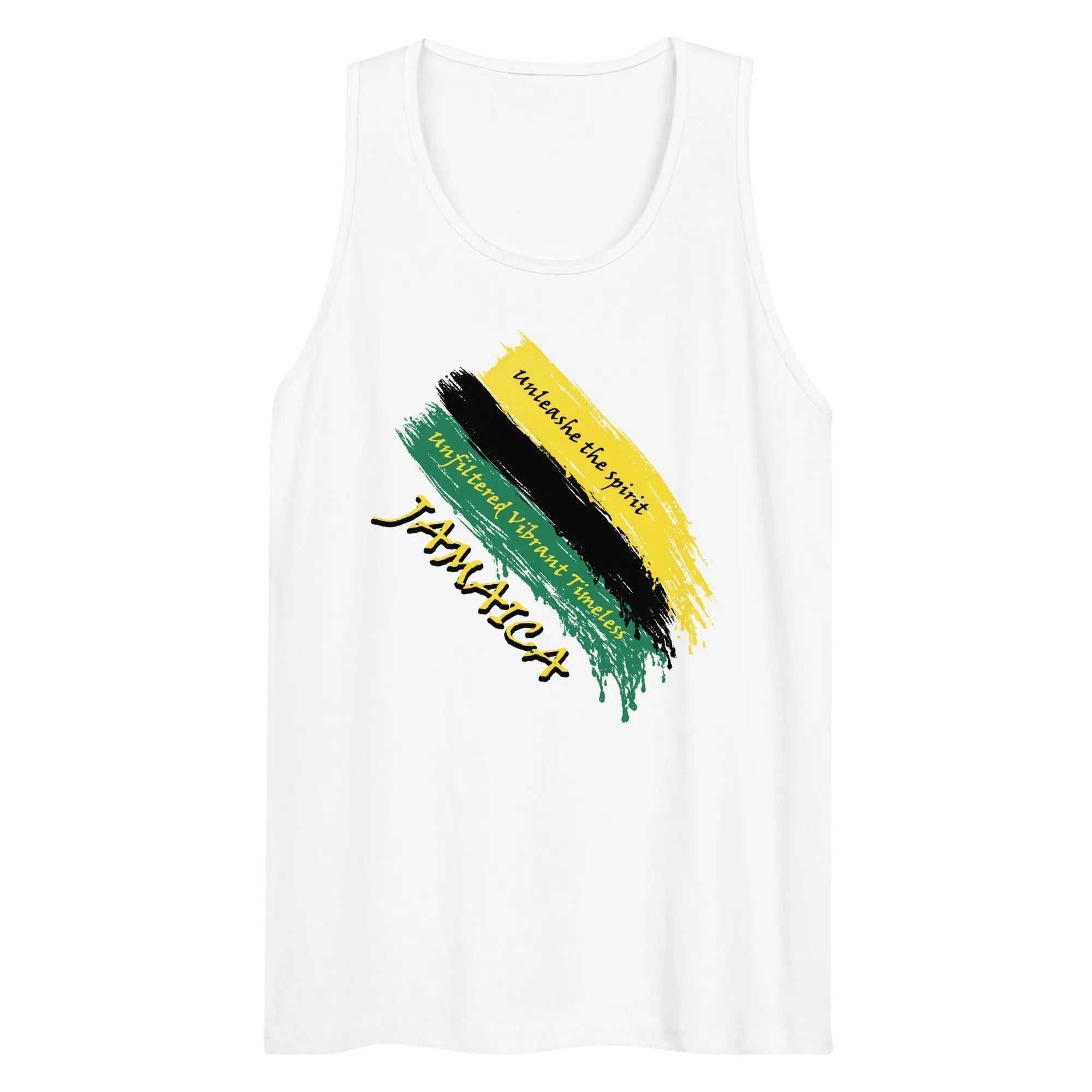 Raw Unfiltered Jamaica men’s premium tank top with Jamaican flag brushstroke design and inspirational text on white fabric