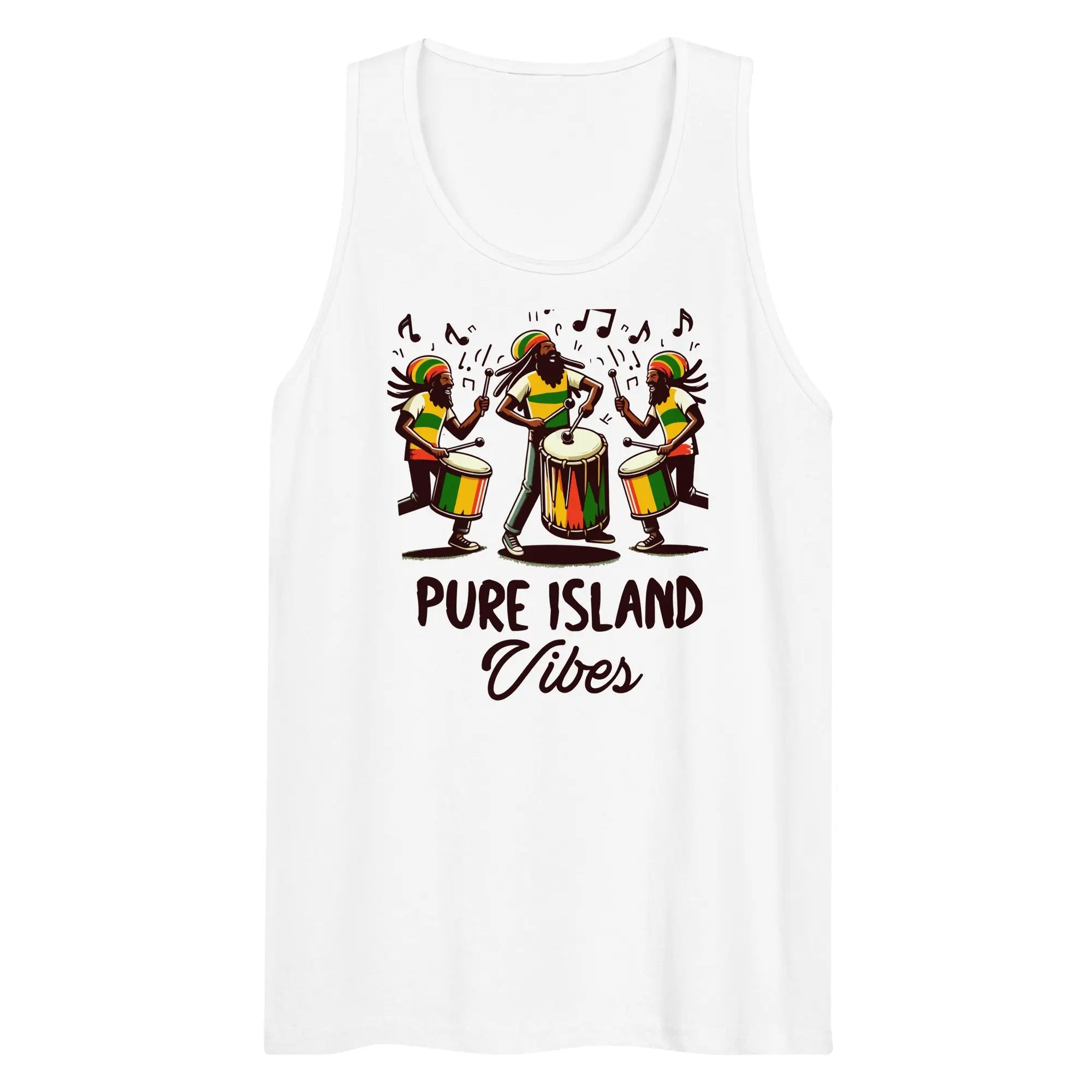 White men's tank top with Pure Island Vibes design featuring Rastafarian drummers and vibrant colors