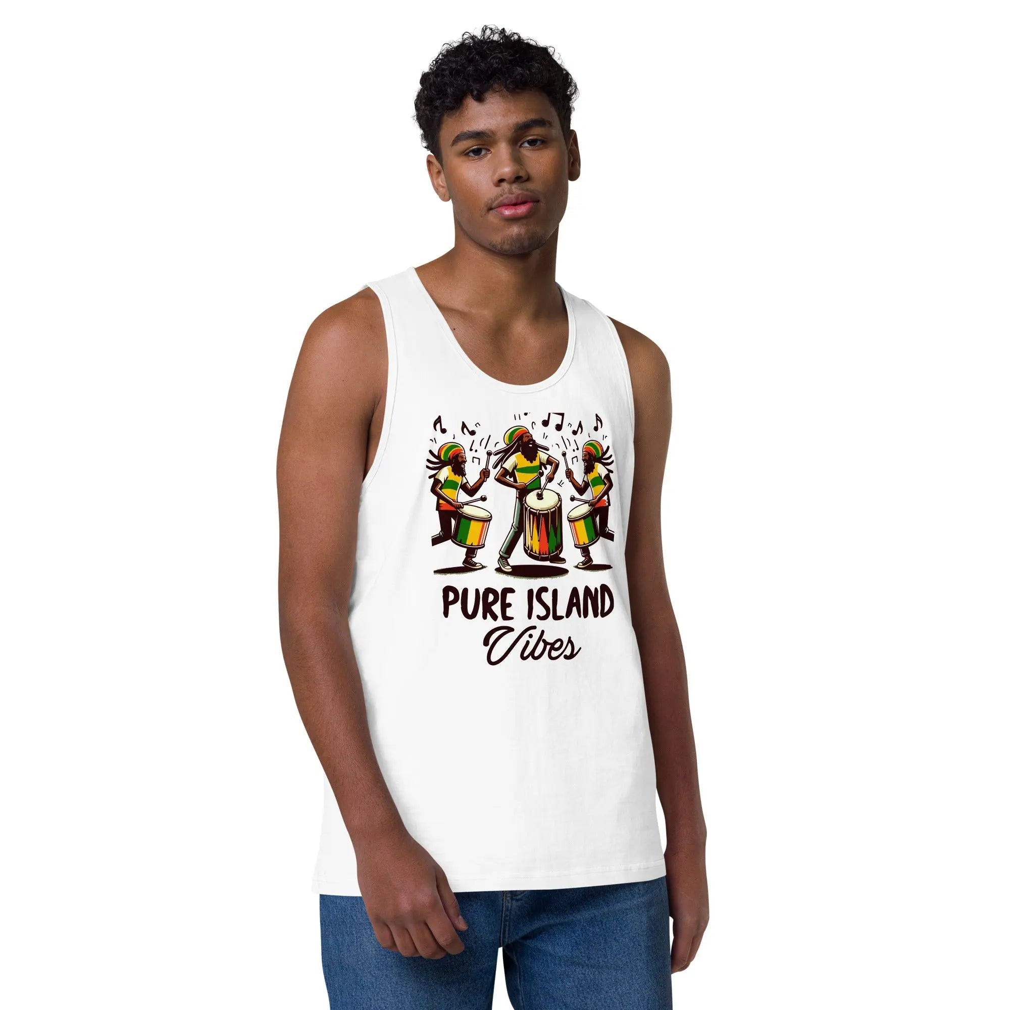 Pure Island Vibes men's white tank top with colorful Rastafarian drummers design