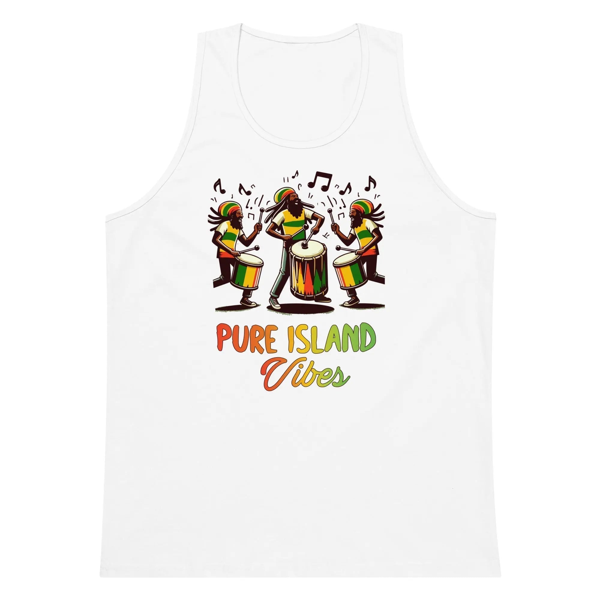 White premium men's tank top with colorful Rastafarian drummers and "Pure Island Vibes" text design