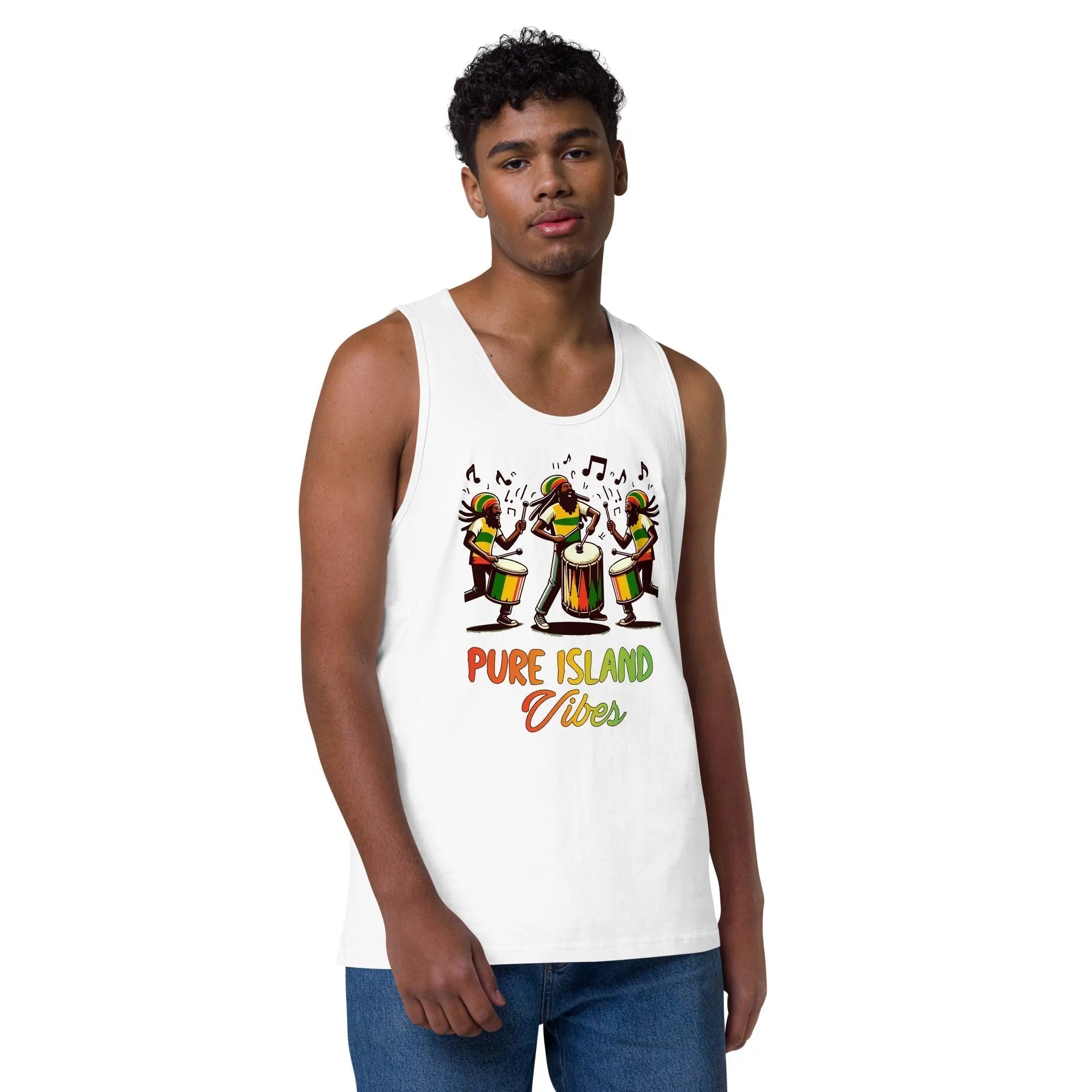 Men's Pure Island Vibes tank top with Rastafarian drummers and colorful text design
