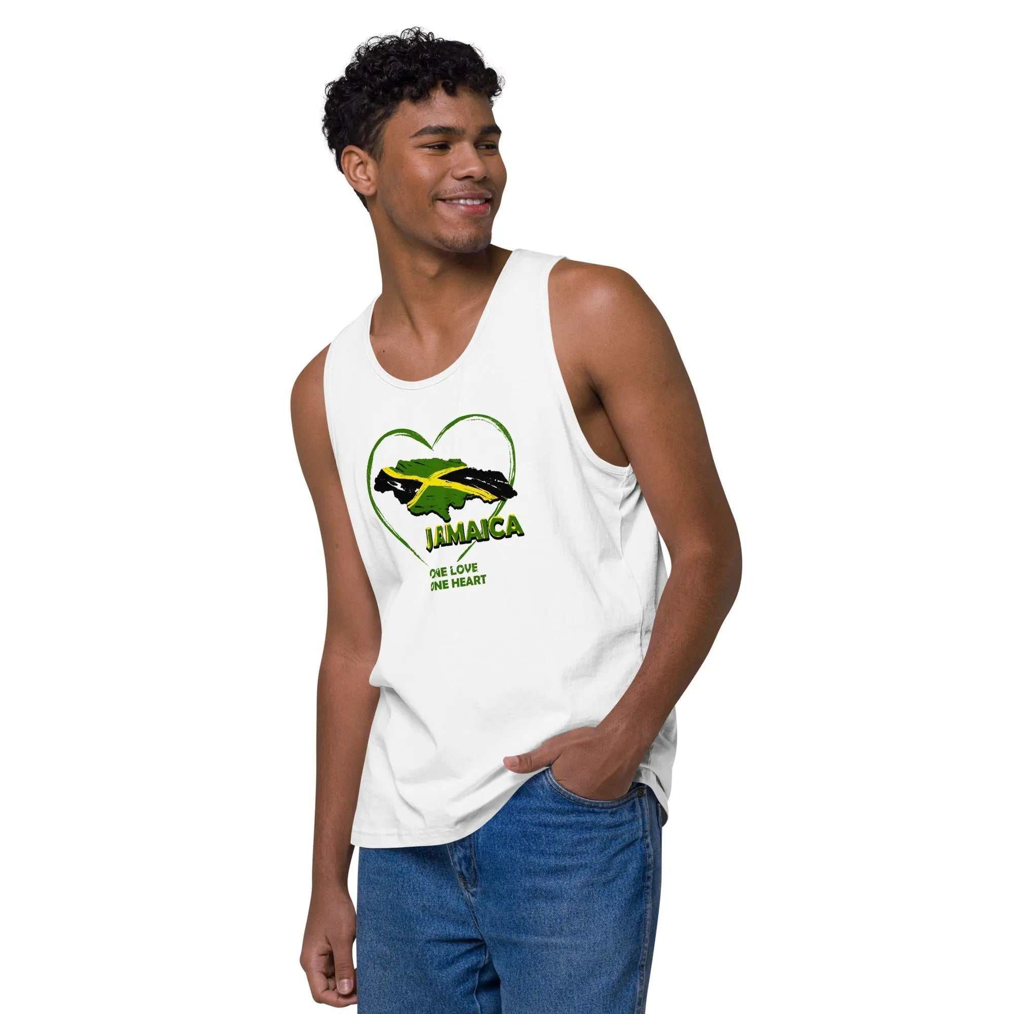 Jamaica One Love One Heart men's white tank top with heart-shaped Jamaican flag design