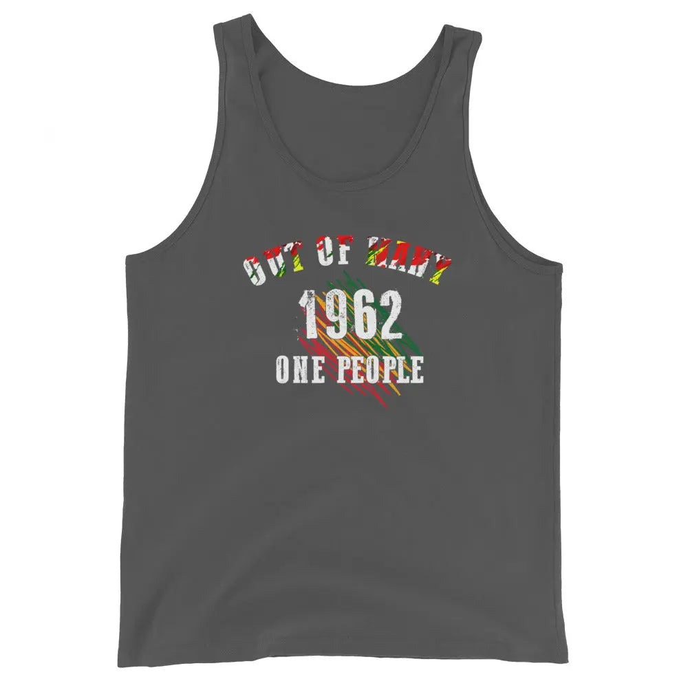 Out Of Many One People men's tank top with 1962 and Jamaican flag design on gray fabric