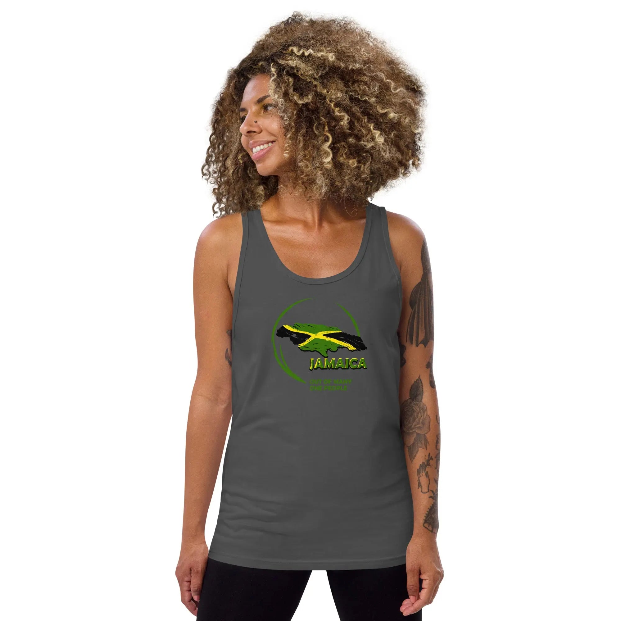 Women's tank top with Jamaica flag and "Out Of Many One People" motto design