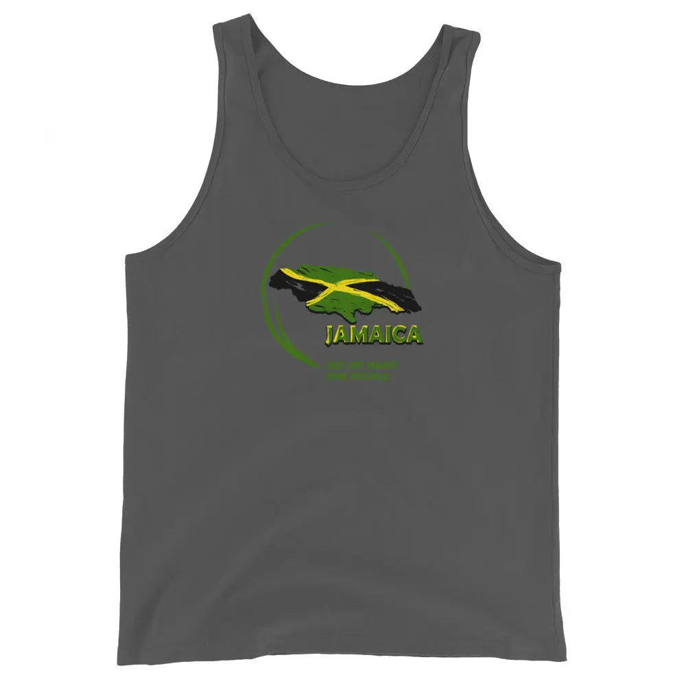 Men's grey tank top with Jamaican flag and "Out Of Many One People" motto design