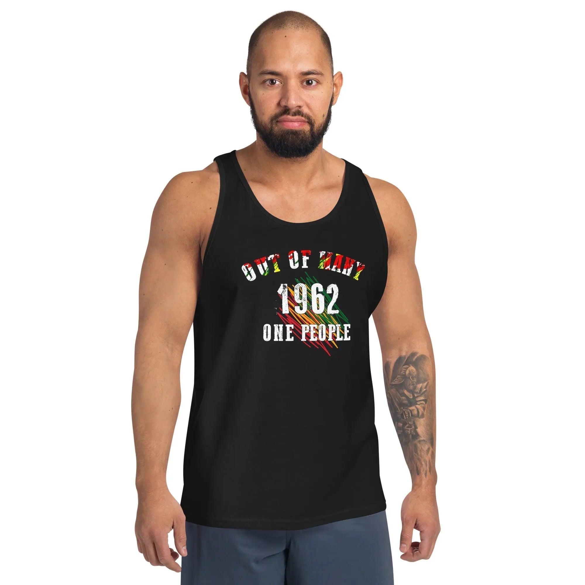 Black men's tank top with "Out Of Many 1962 One People" colorful text design celebrating Jamaica's unity and independence.