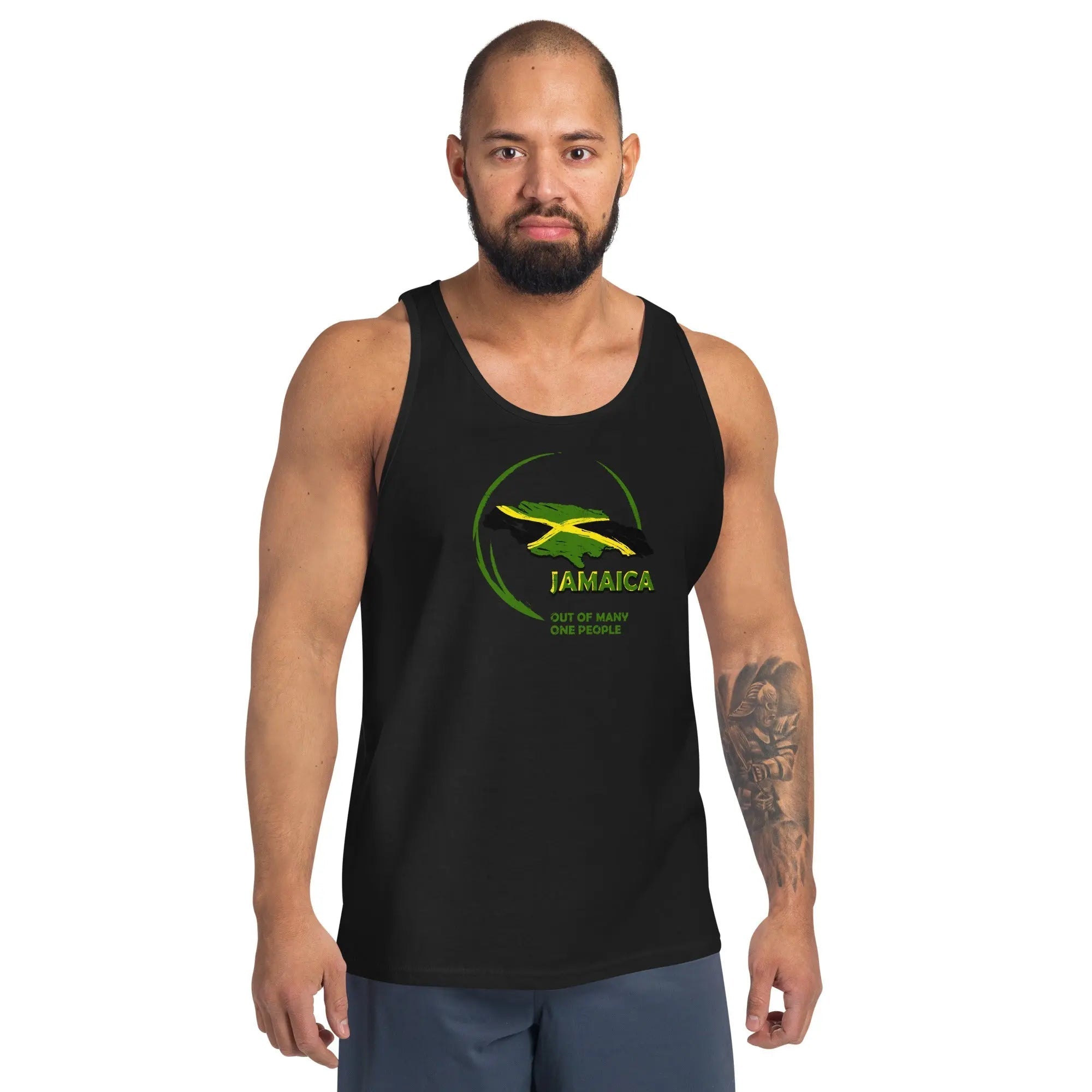 Man wearing black Jamaican flag tank top with "Out Of Many One People" slogan and circular design