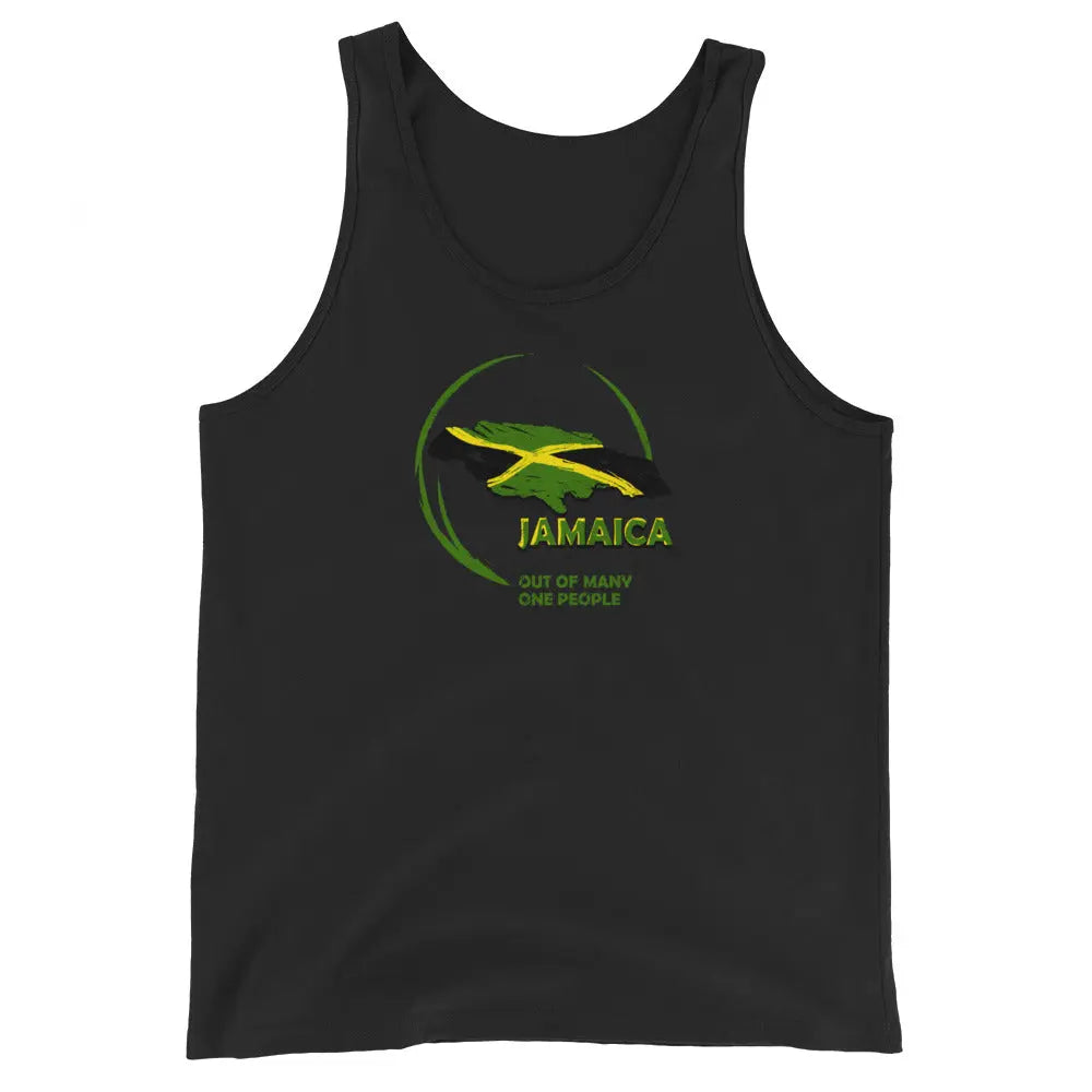 Black men's tank top with Jamaican flag design and "Out Of Many One People" slogan