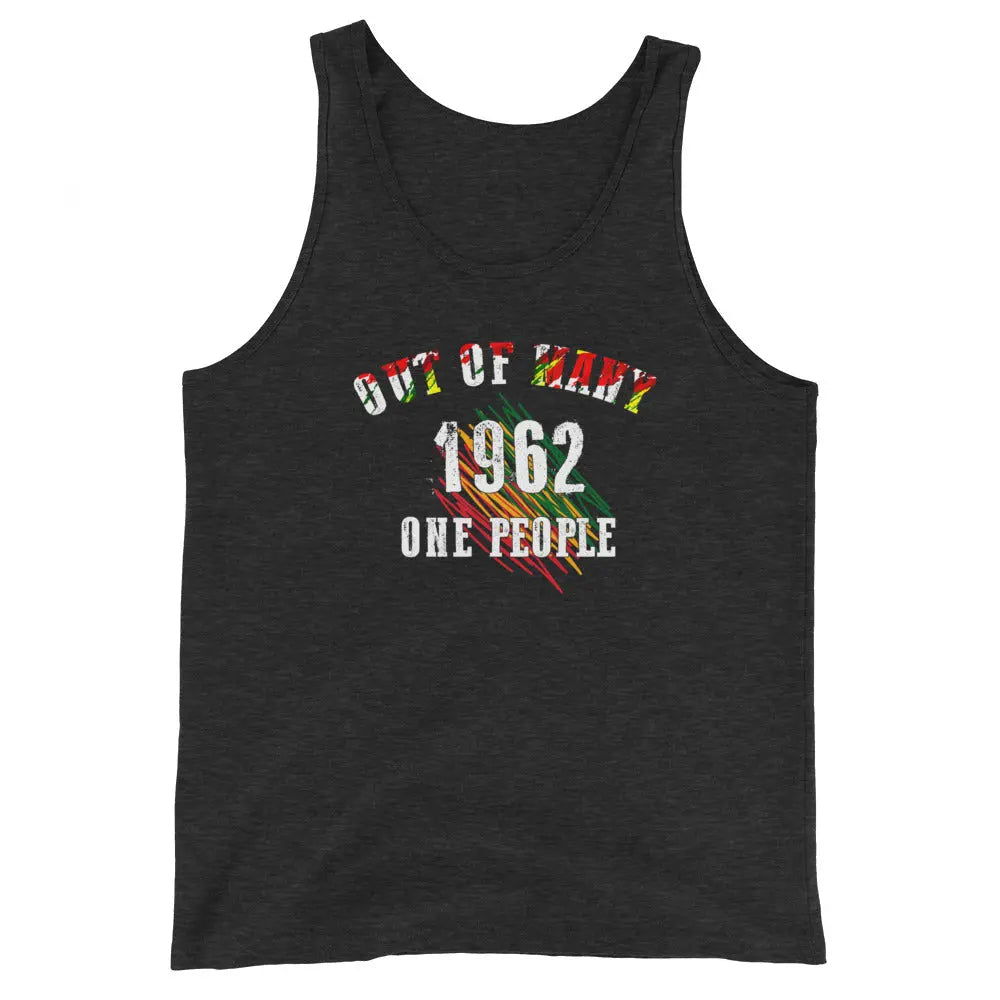Men's black tank top with "Out Of Many 1962 One People" colorful text honoring Jamaica's unity motto and independence year