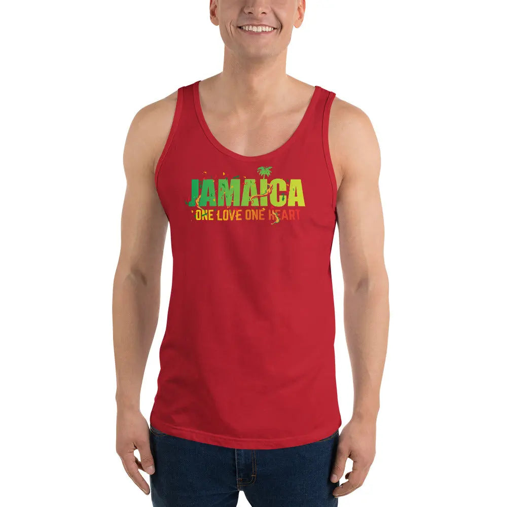 Jamaica One Love One Heart men's red tank top with green and yellow text and palm tree design