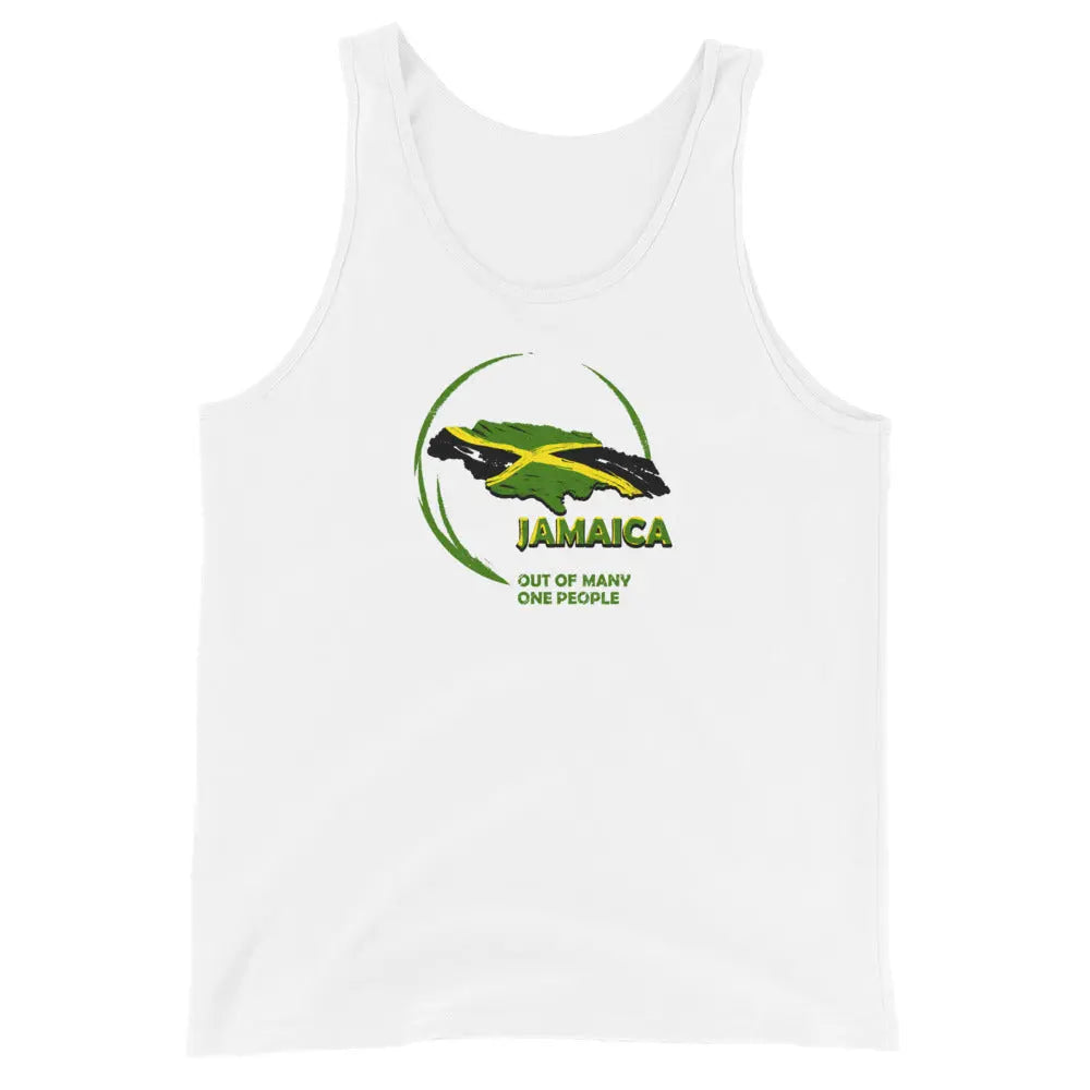 White mens tank top with circular Jamaican flag design and "Out Of Many One People" slogan on front