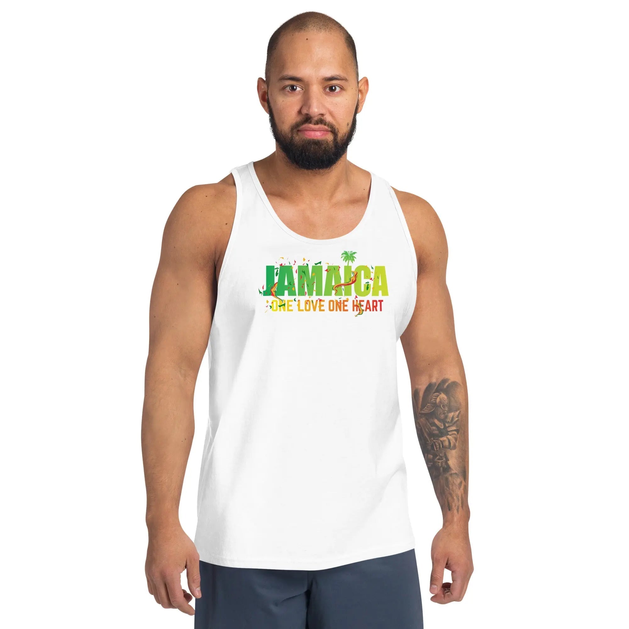 Jamaica One Love One Heart men's white tank top with green, yellow, and black text and palm tree design